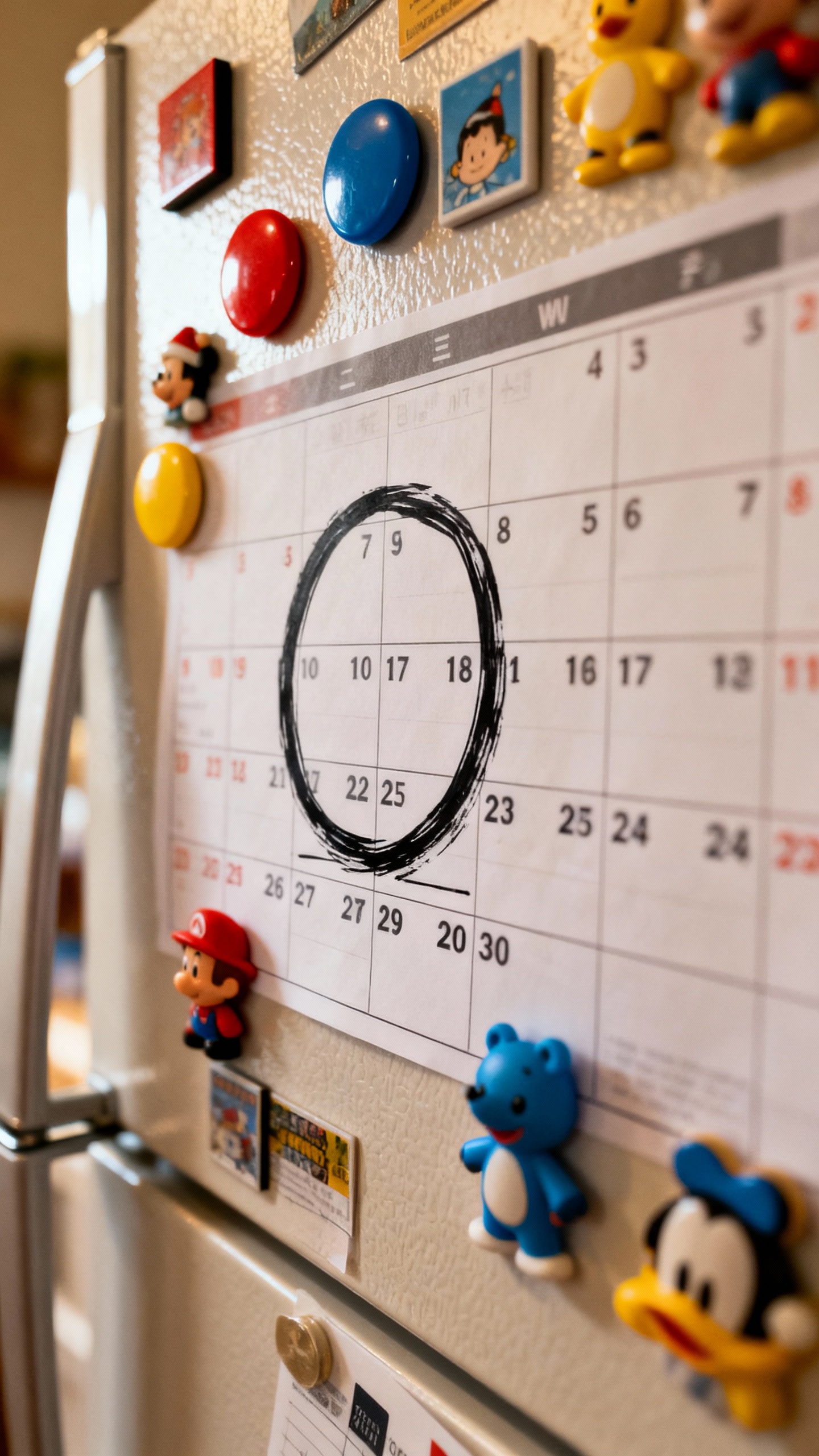 Overbooked calendar on fridge, mismatched magnets, missed appointment circled