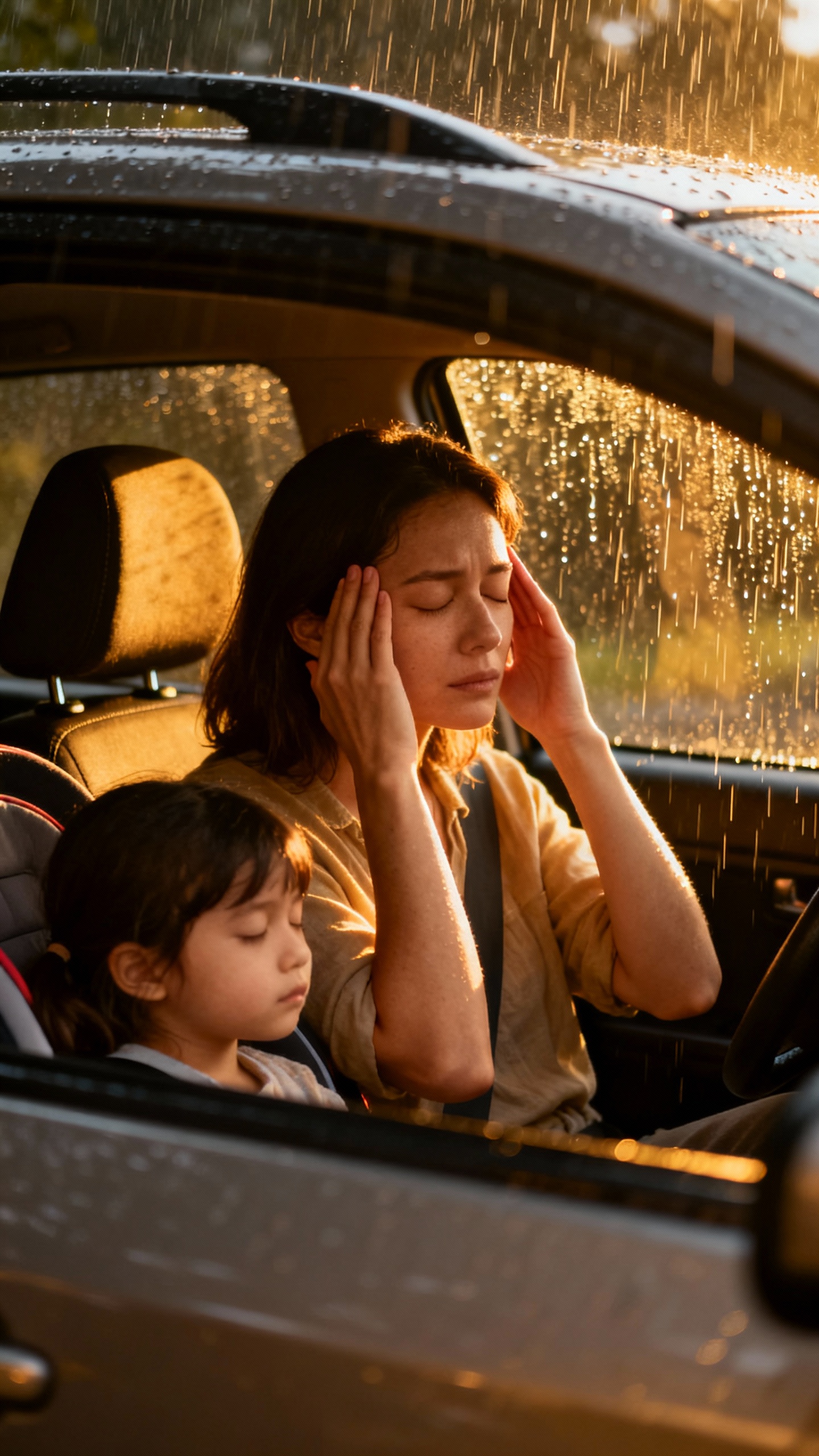 Mother massaging temples in parked car, carseat visible, rain