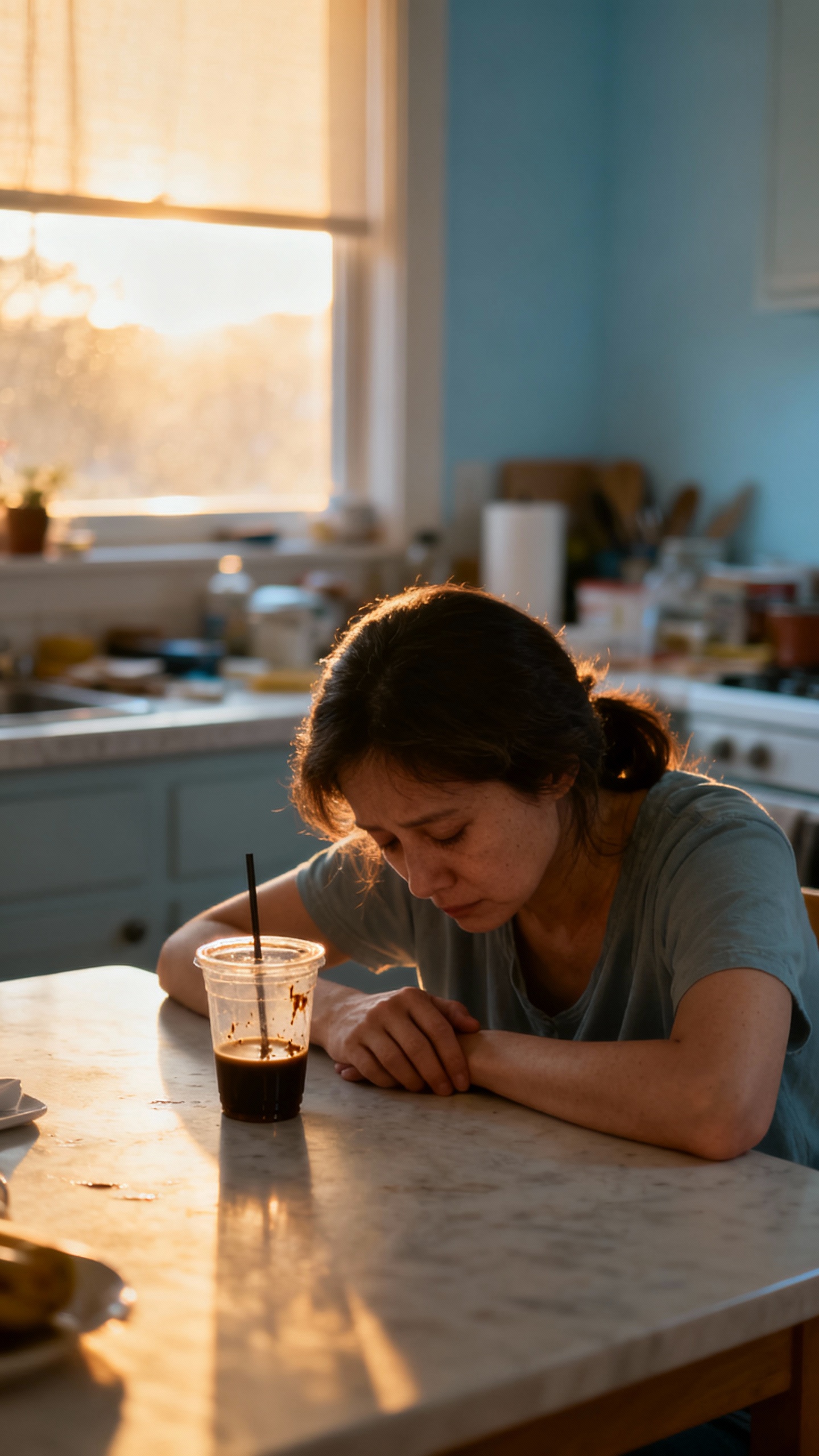Tired mom at kitchen table, cold coffee, dawn light