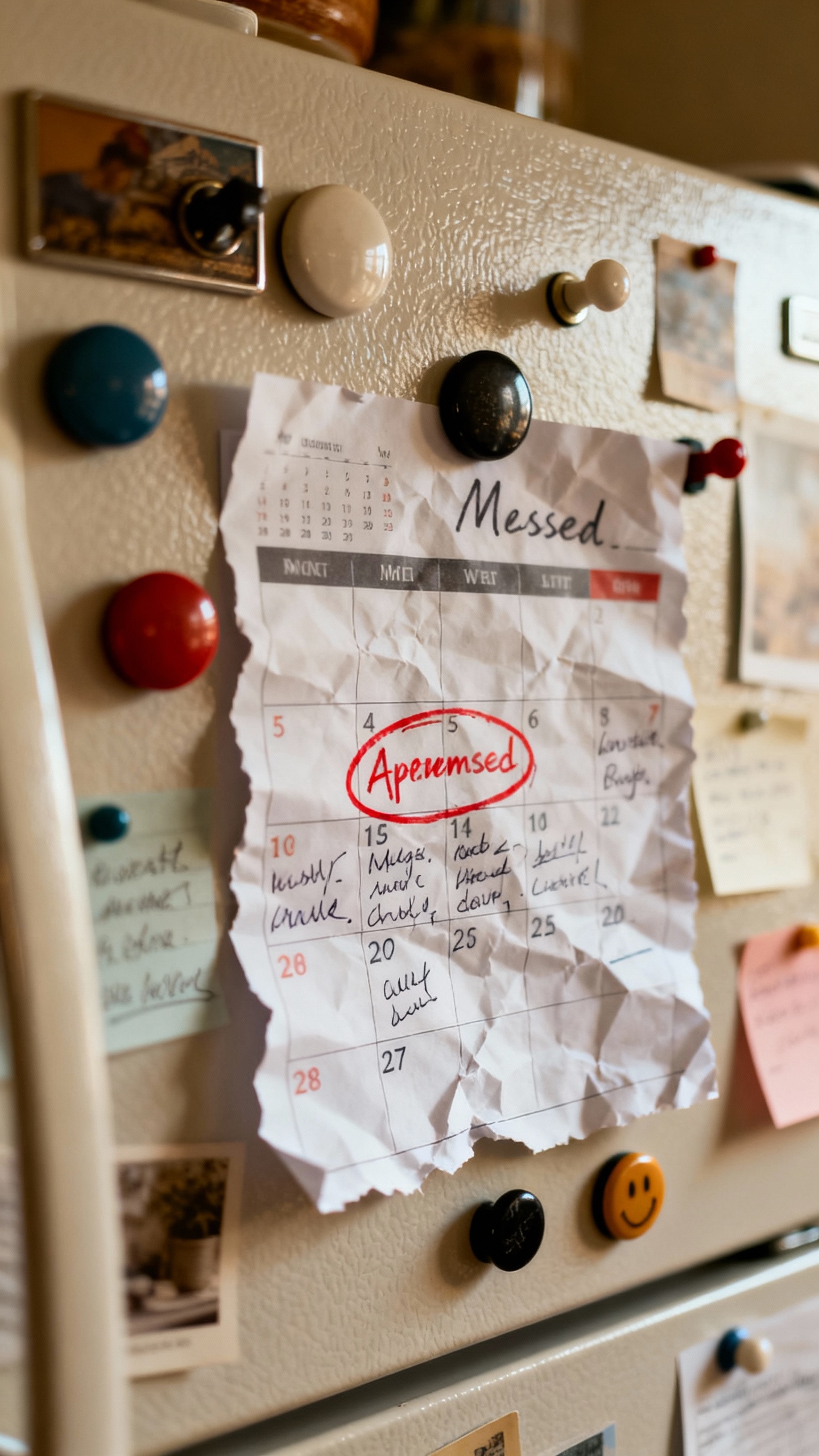 Overbooked calendar on fridge, mismatched magnets, missed appointment circled