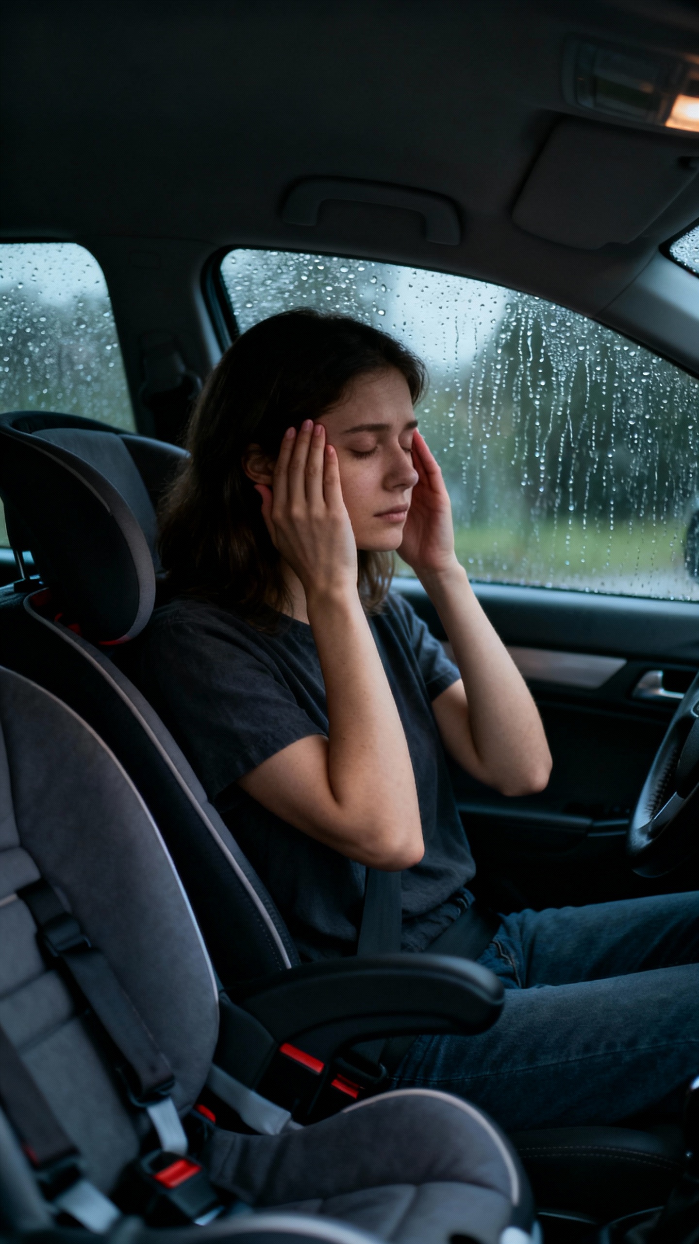 Mother massaging temples in parked car, carseat visible, rain
