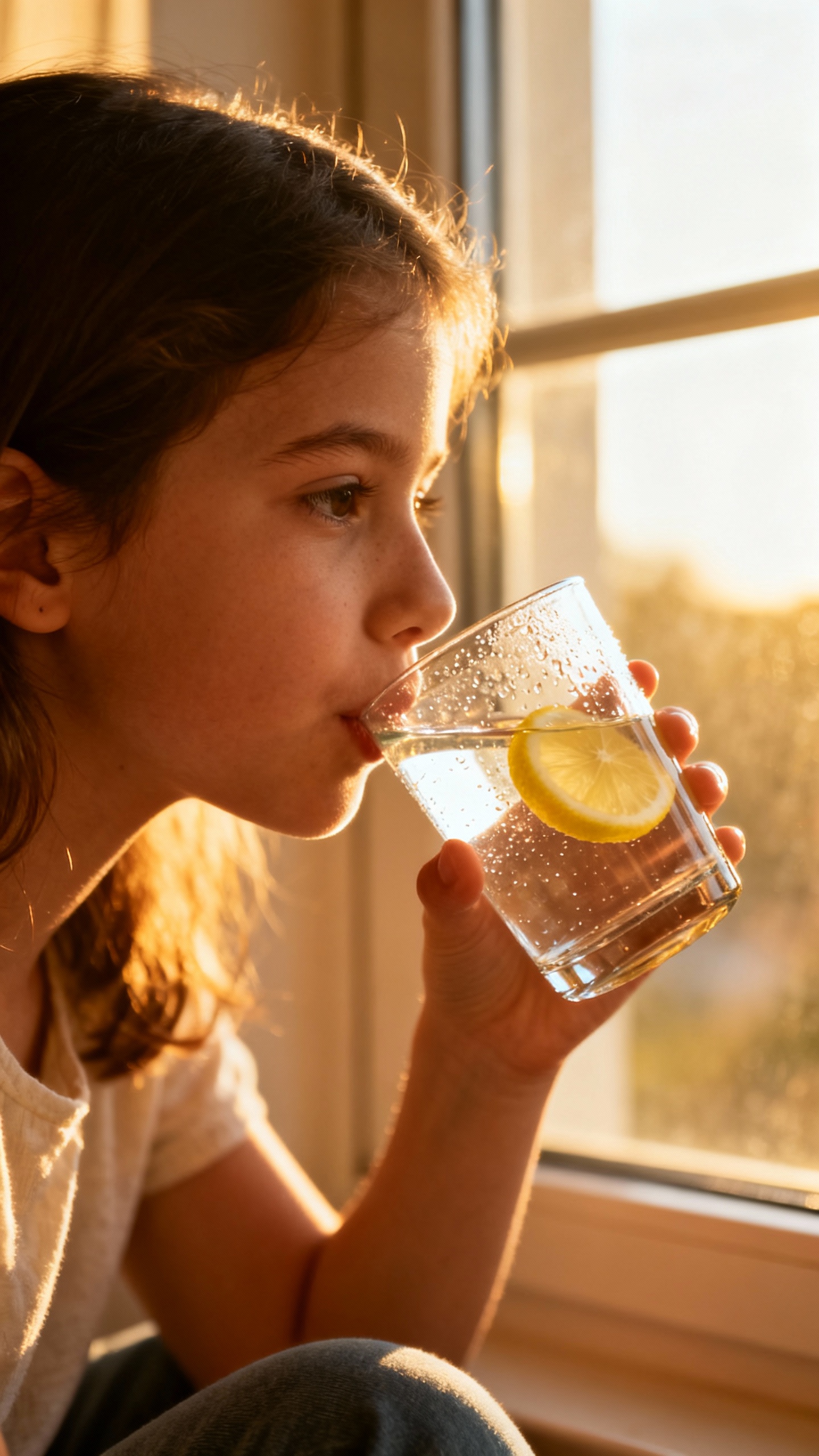 mom sipping water by sunny window, glass with lemon