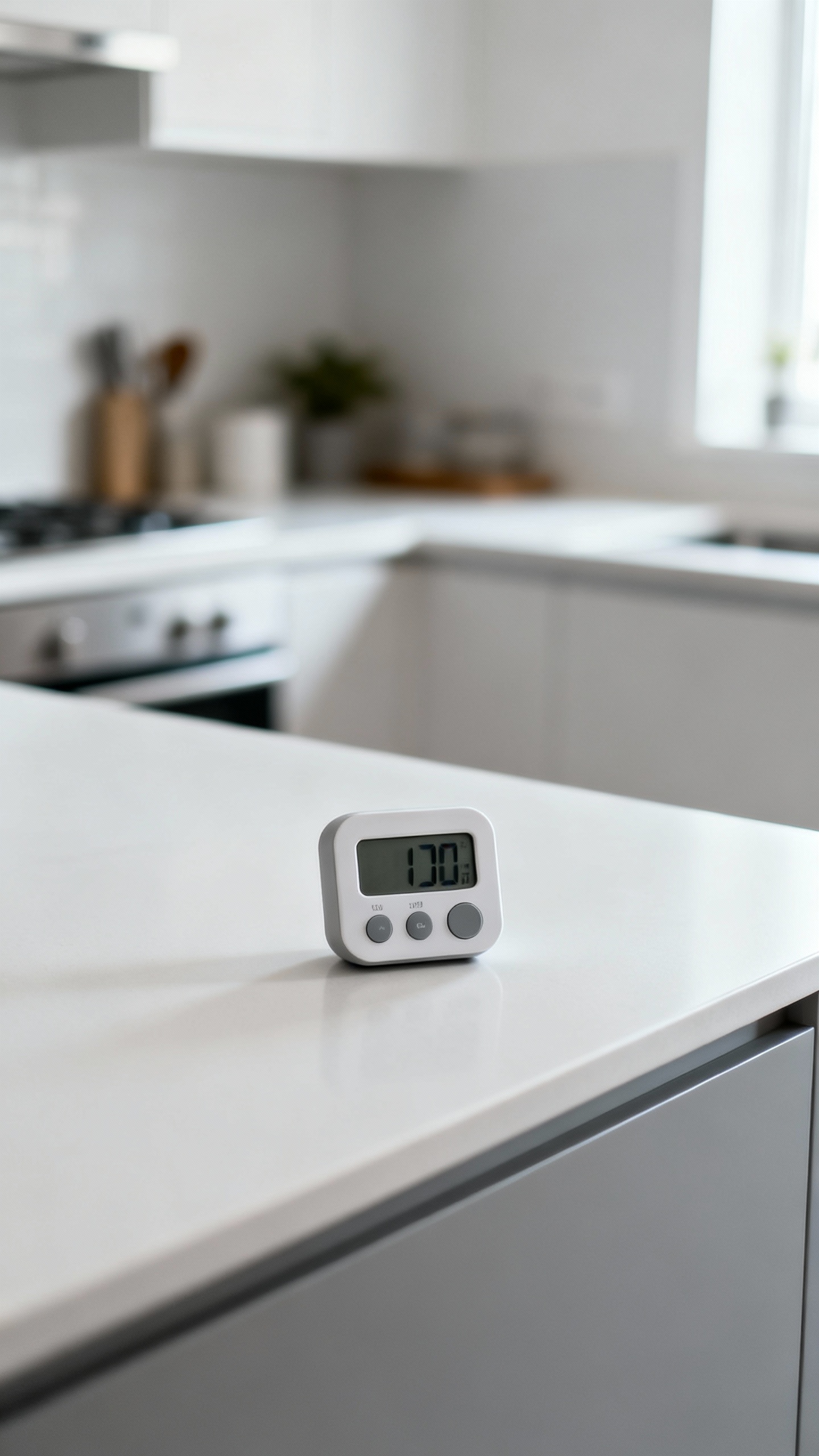 timer and cleared kitchen counter, single tidy surface