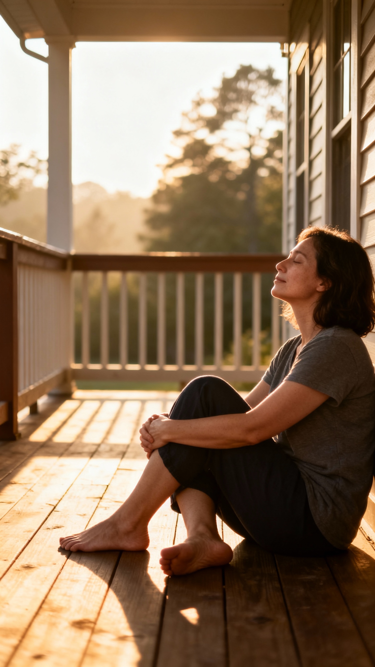 barefoot mom breathing on porch, morning daylight portrait