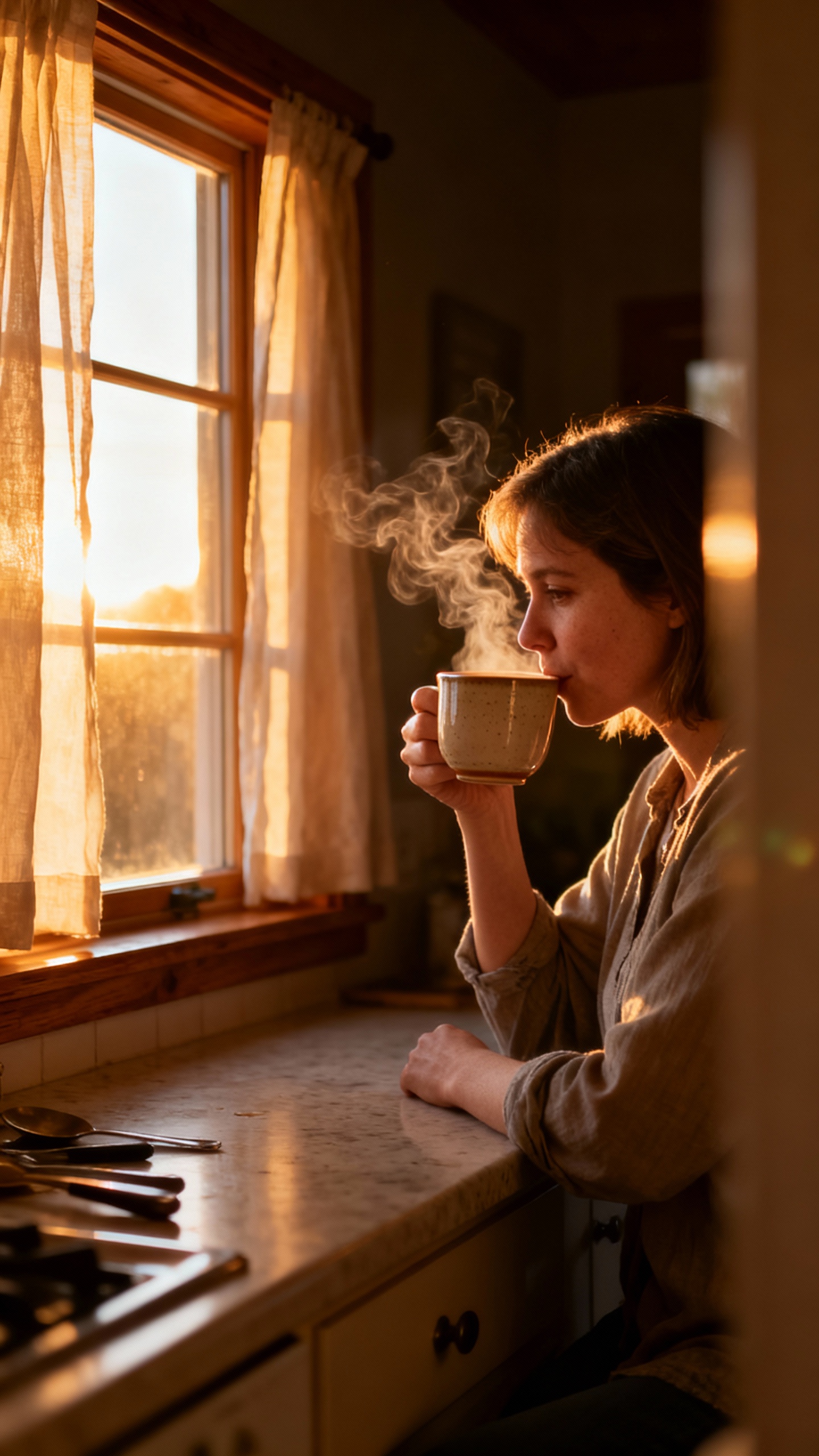 mom sipping hot coffee at sunrise by kitchen window
