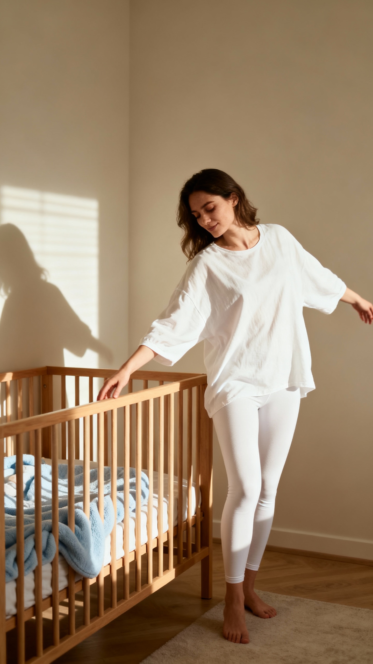 woman stretching quietly beside crib during naptime, soft light