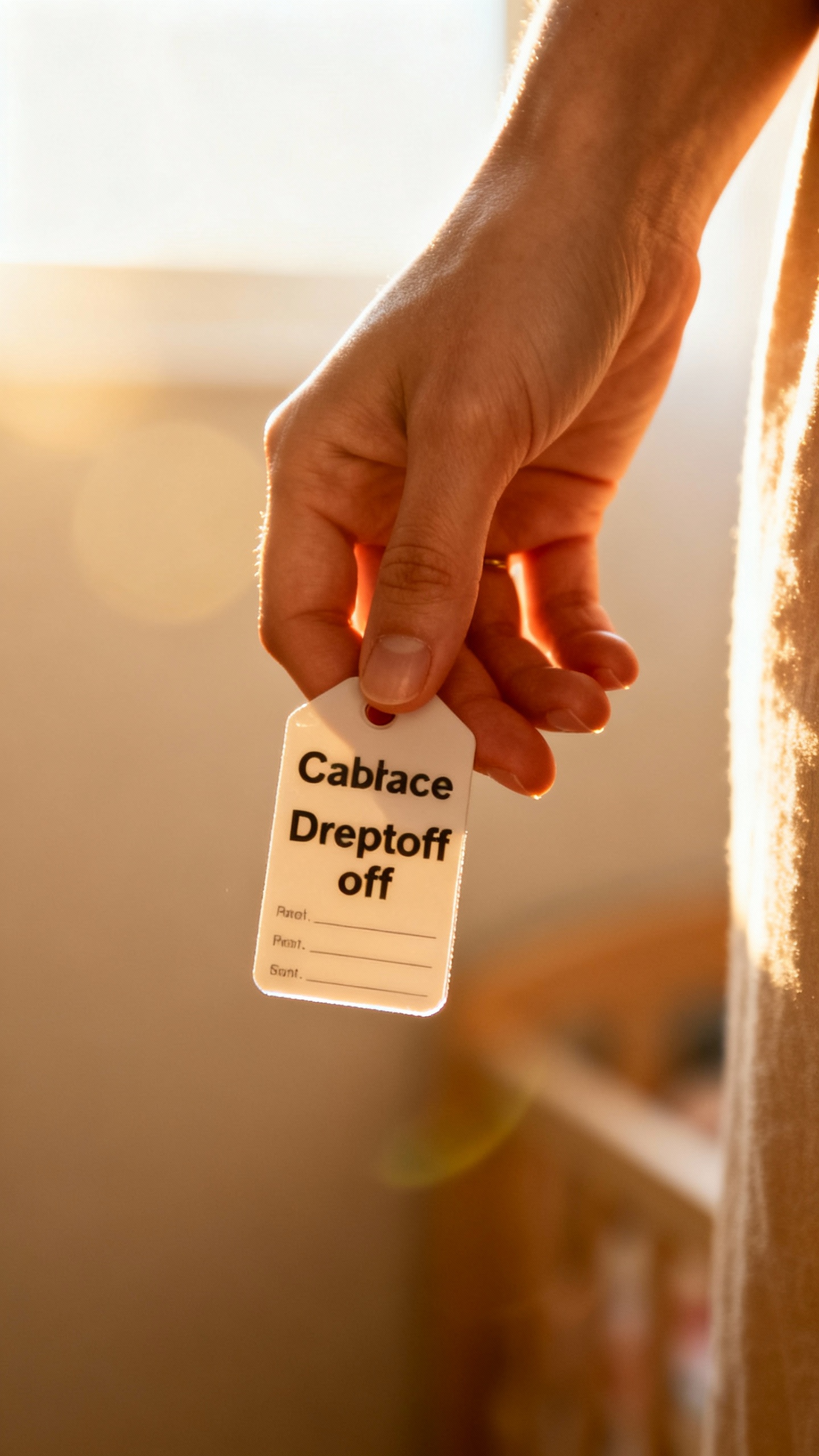 mom’s hand over daycare drop-off tag, soft morning light