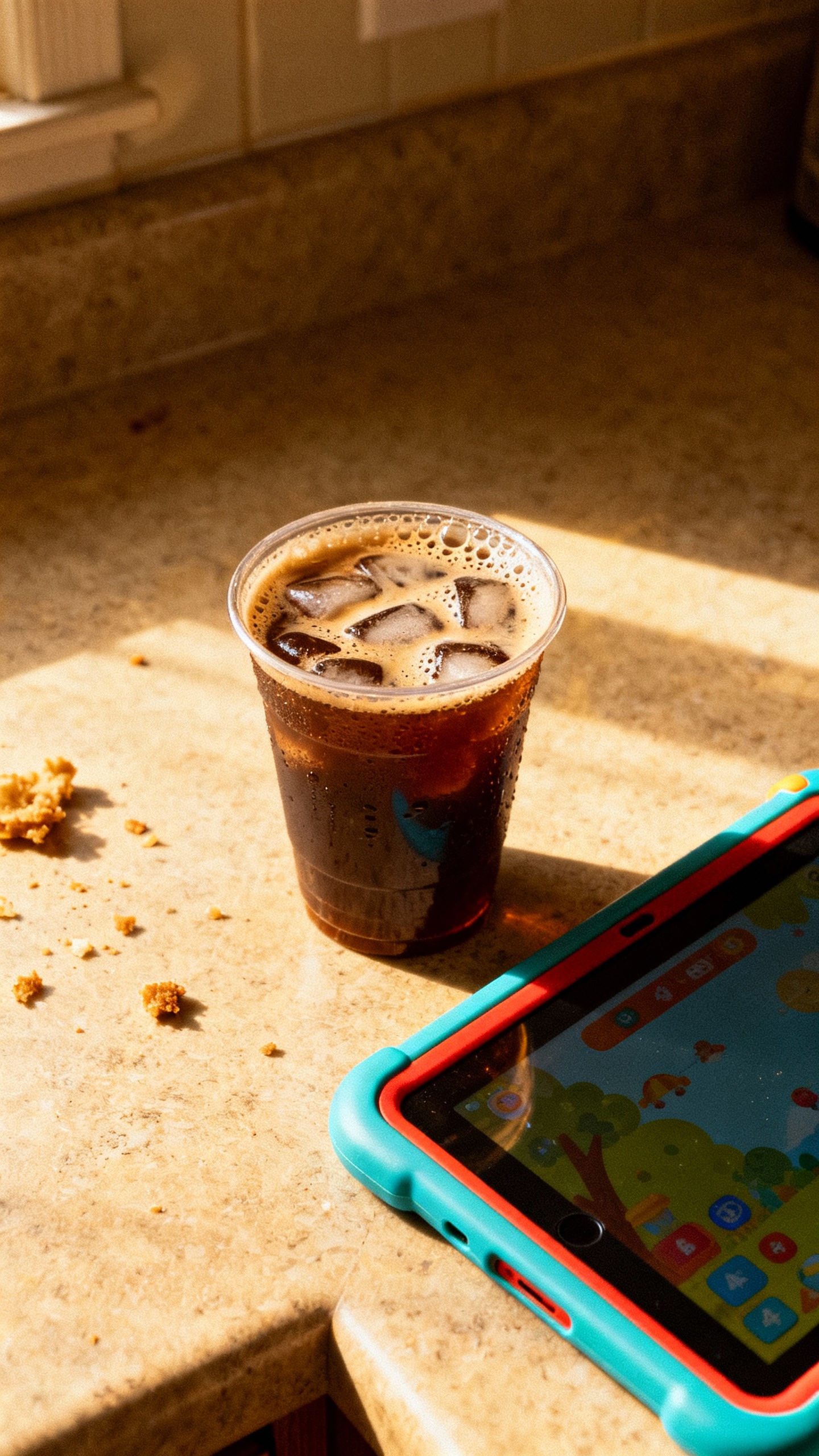 cold coffee beside toddler tablet, crumbs on kitchen counter