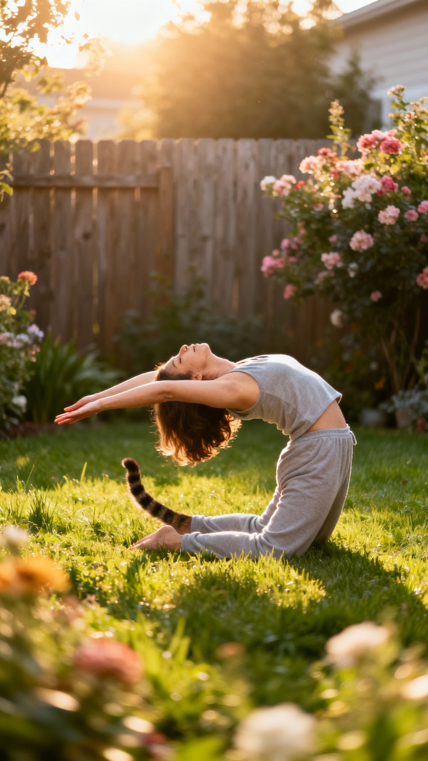 mom stretching like a cat in morning sunlight, backyard