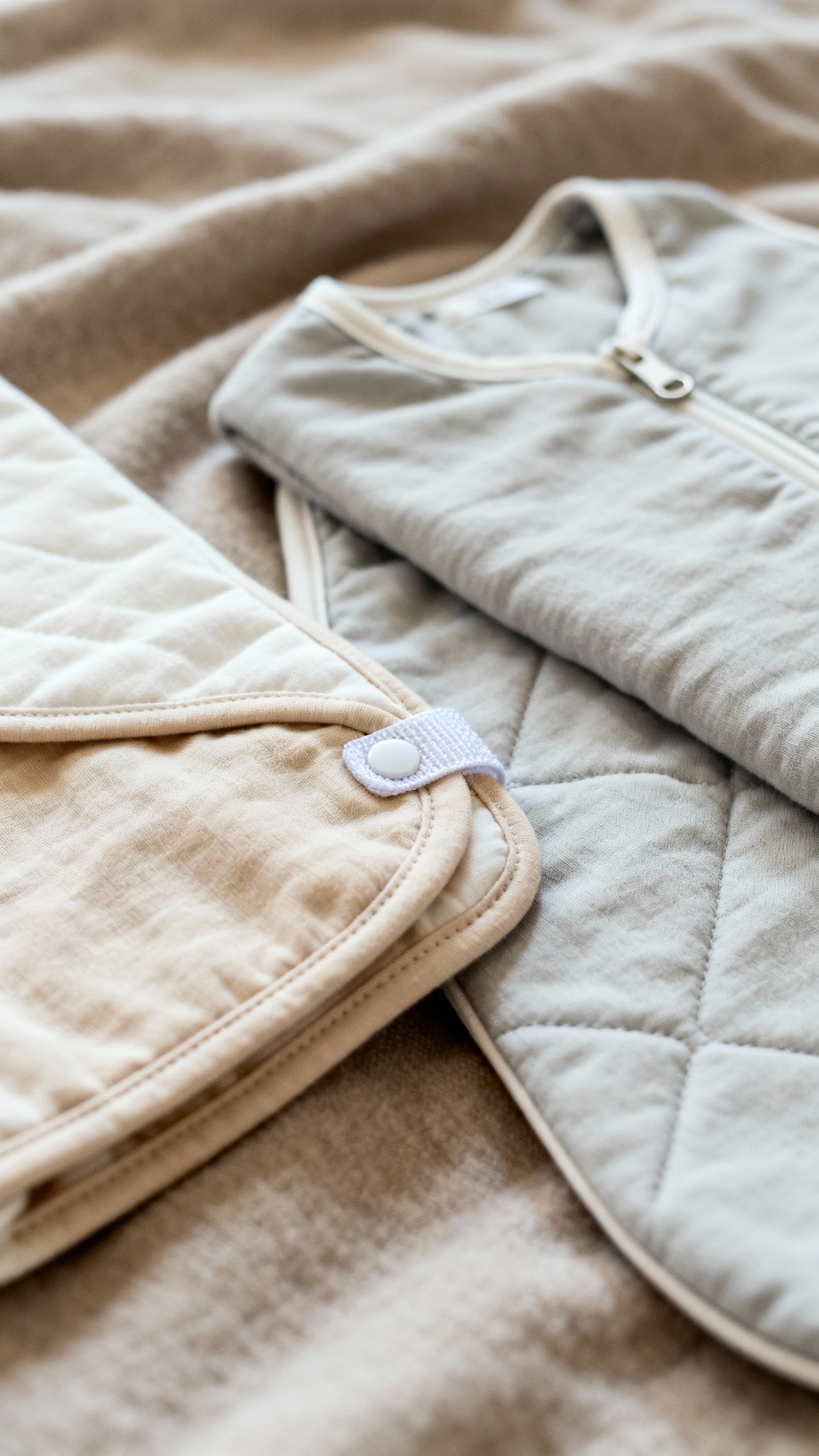 Velcro swaddles and cotton sleep sacks on neutral blanket