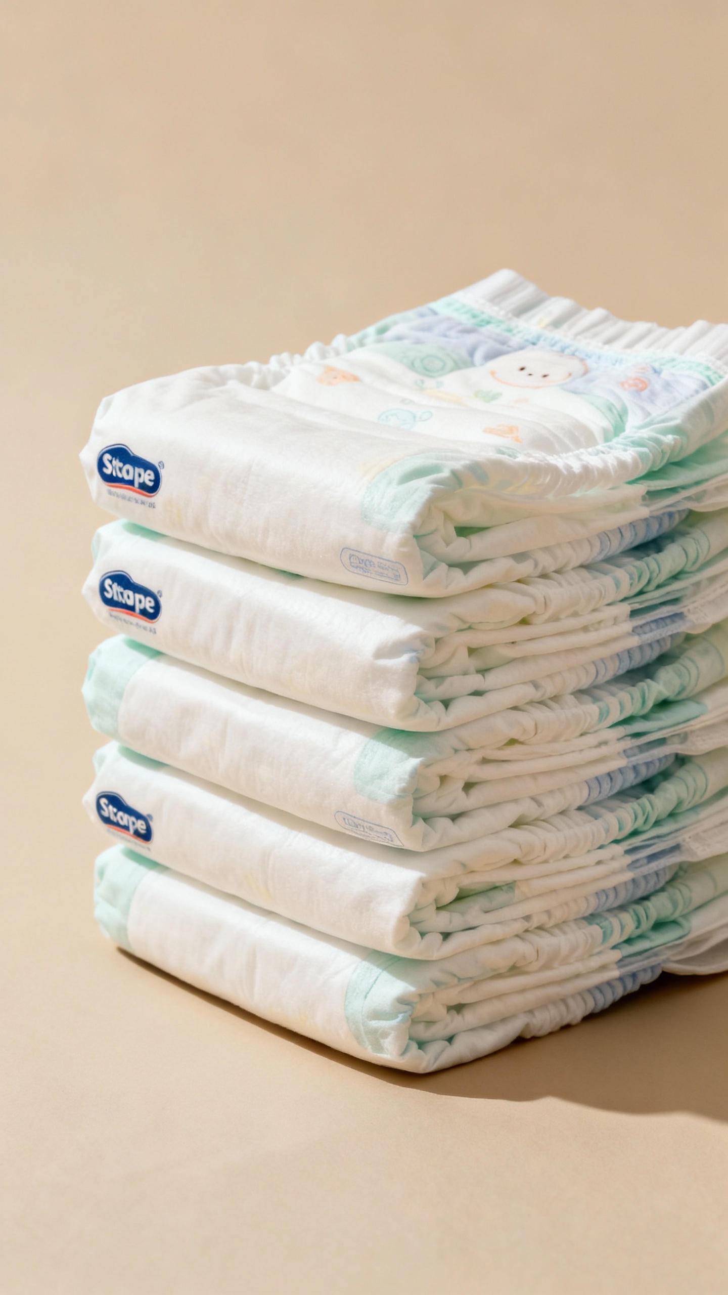 store-brand diapers stacked on neutral backdrop, soft studio lighting