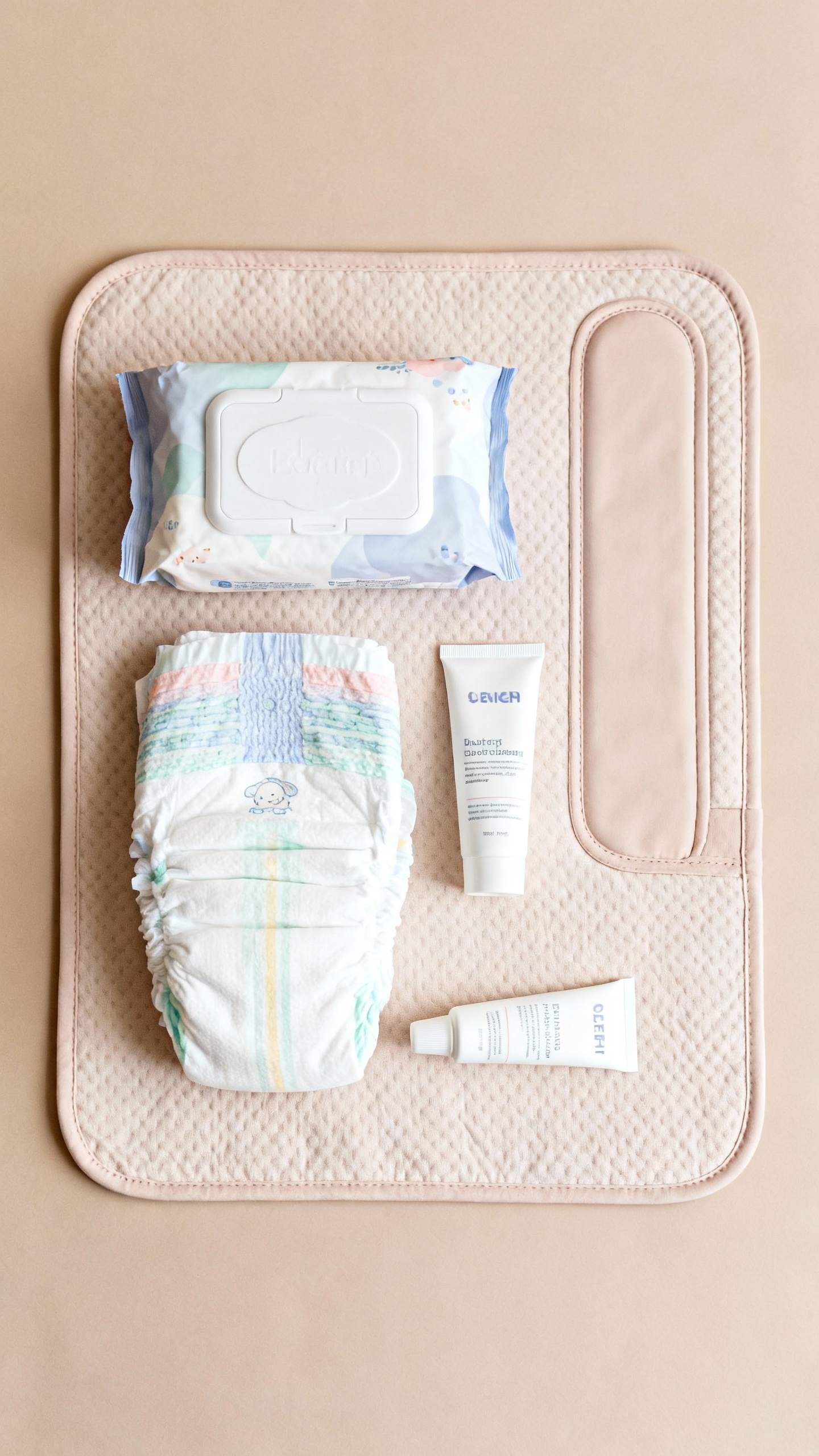 diaper changing essentials flat lay: diapers, wipes, cream, mat