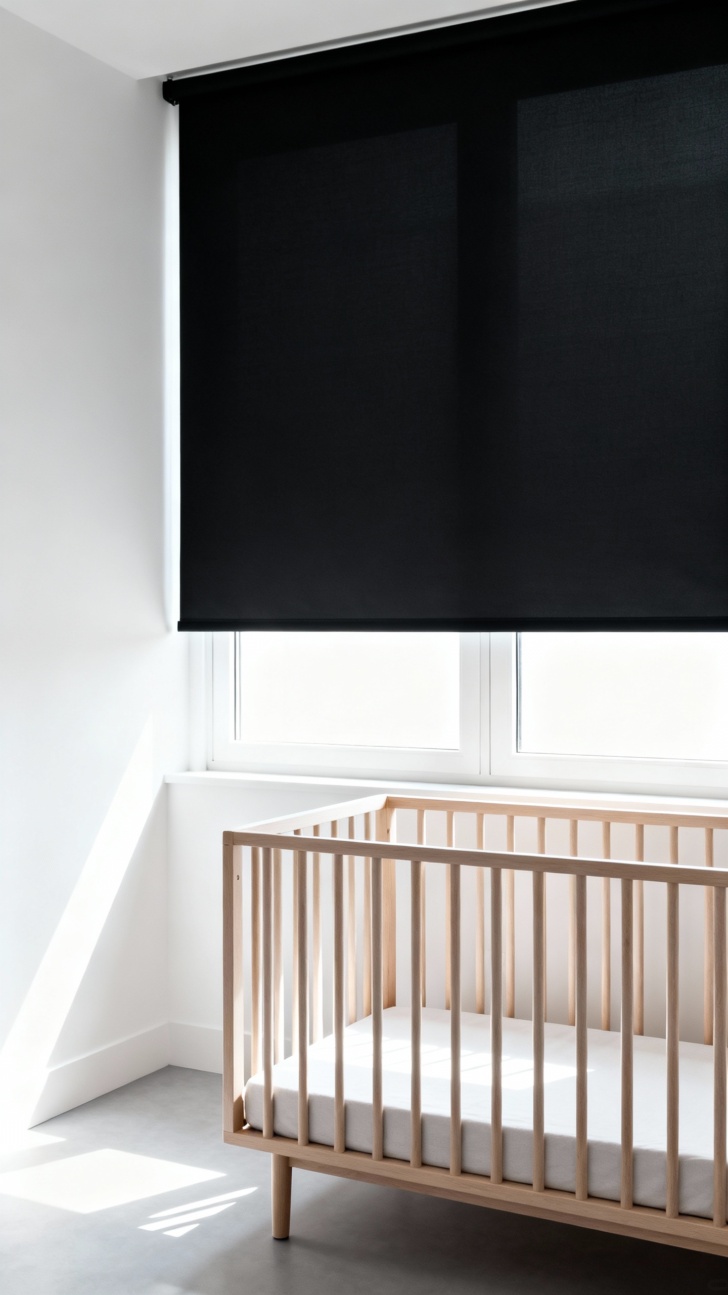blackout nursery shades blocking sunlight, minimalist crib, daytime