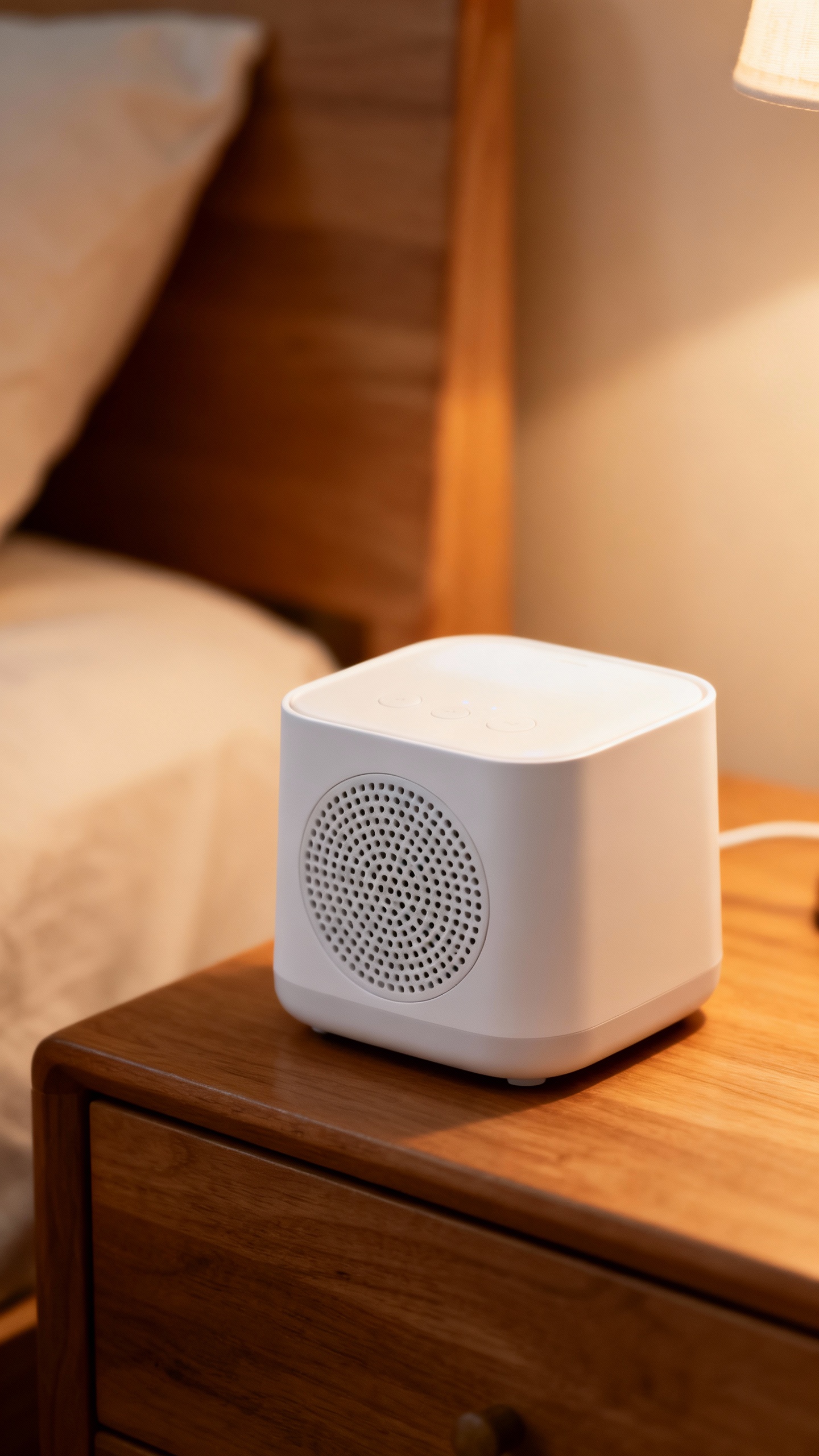 white noise machine on nightstand, soft ambient lighting