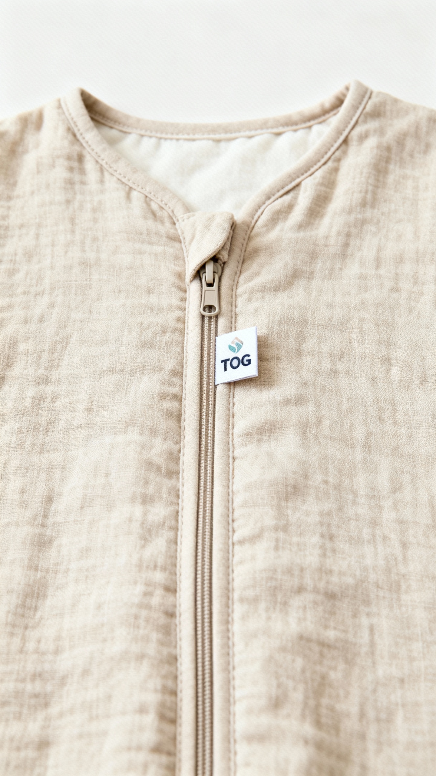 breathable zip-up baby sleep sack, neutral fabric, TOG label visible