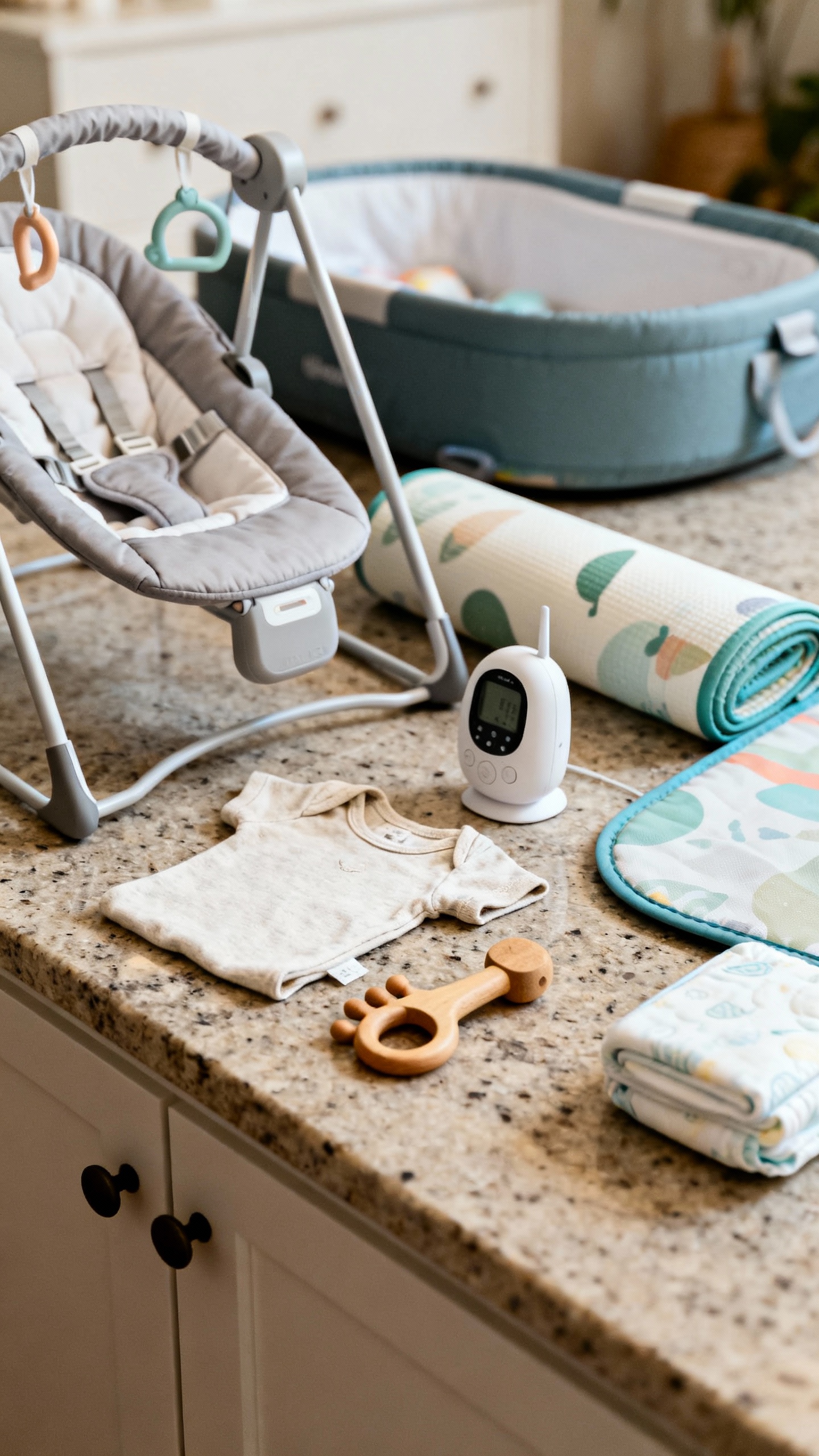 cluttered counter of unused baby gadgets, minimalist essentials nearby