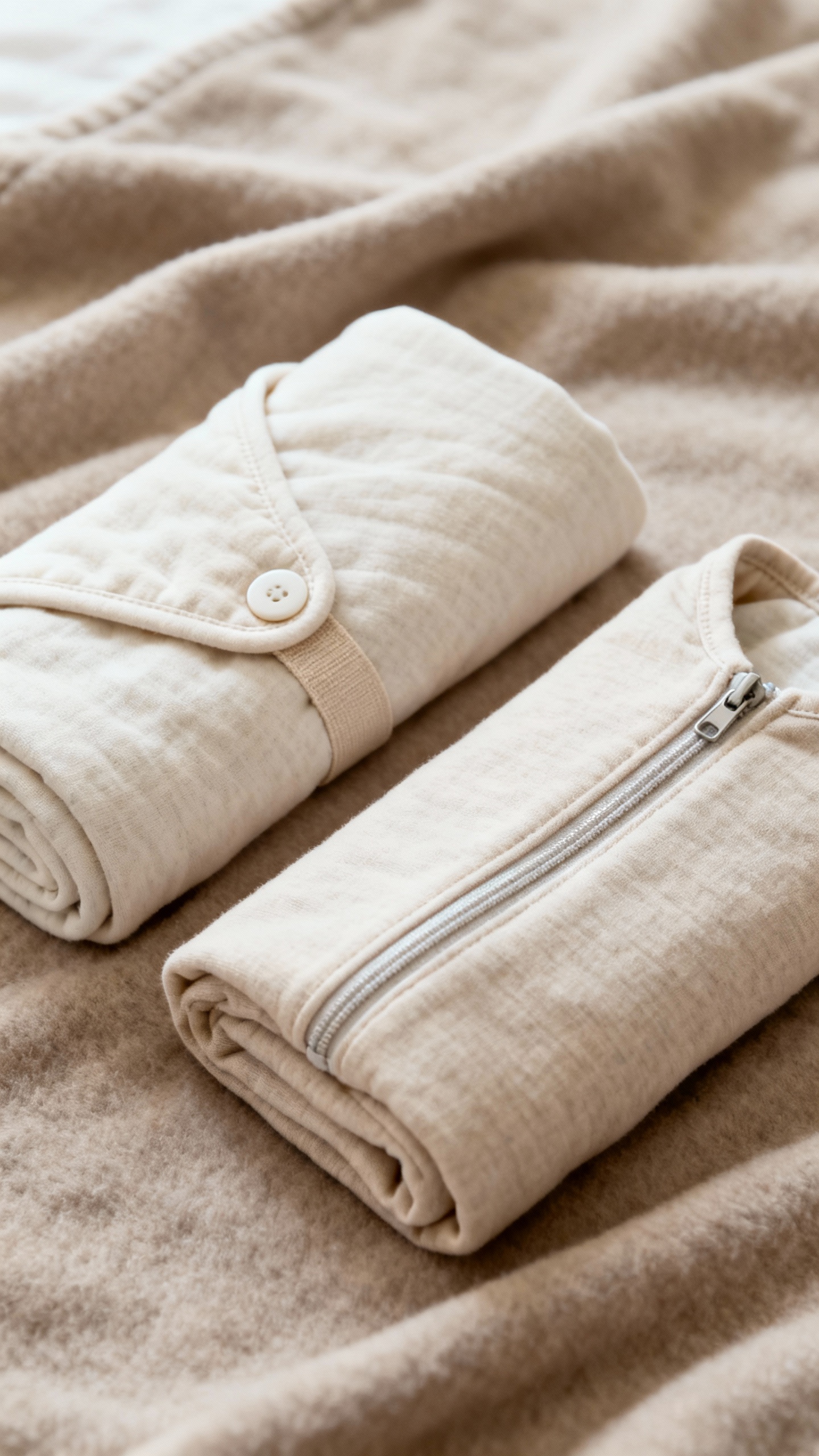 velcro and zip-up swaddles folded on neutral blanket