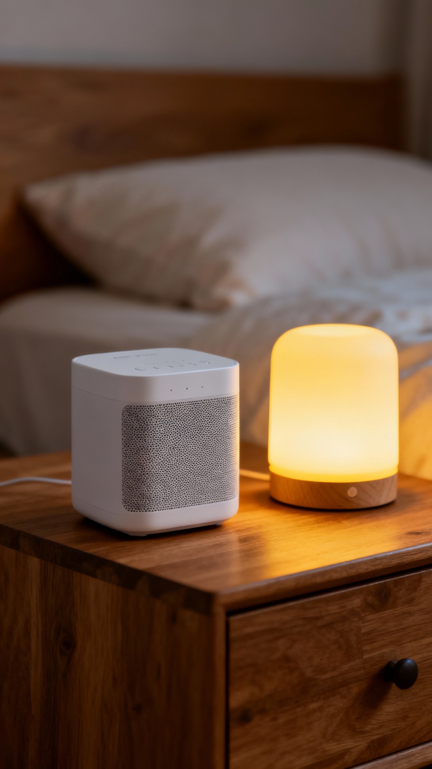white noise machine and dim night light on bedside table