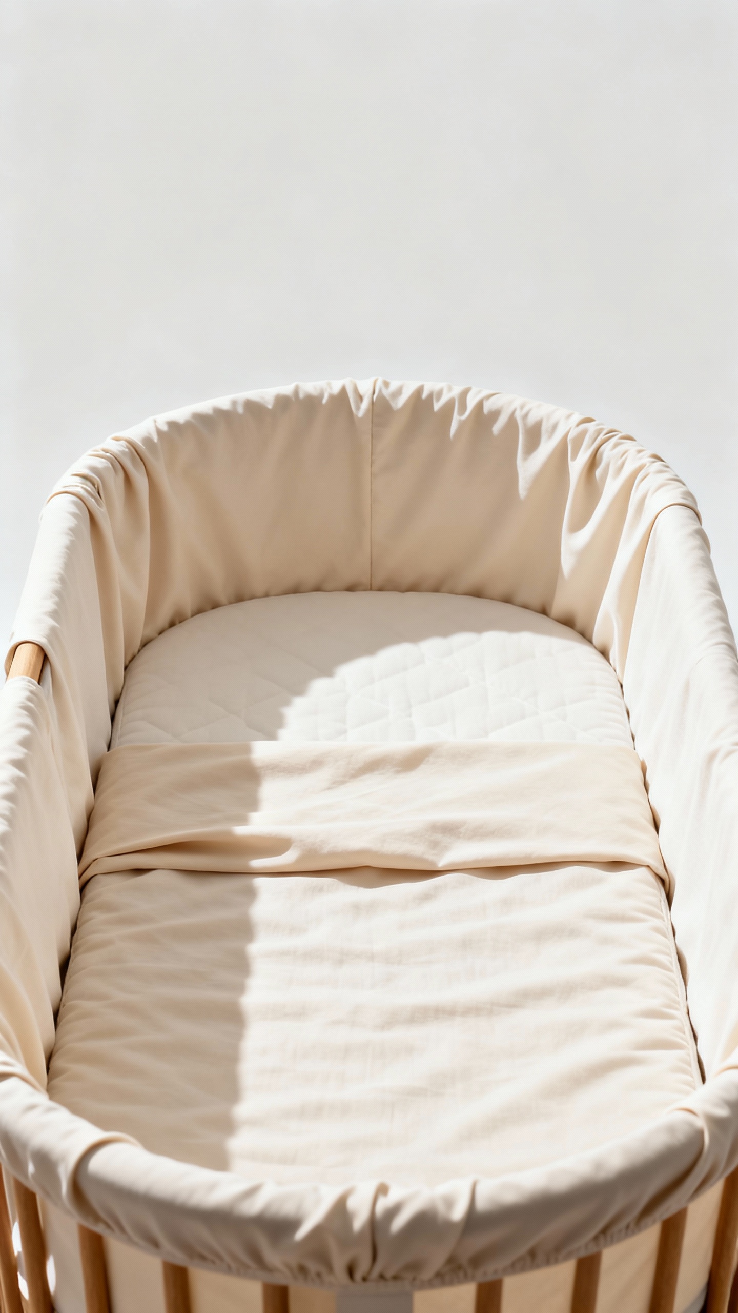 Bassinet with firm mattress and fitted sheet, bright studio lighting