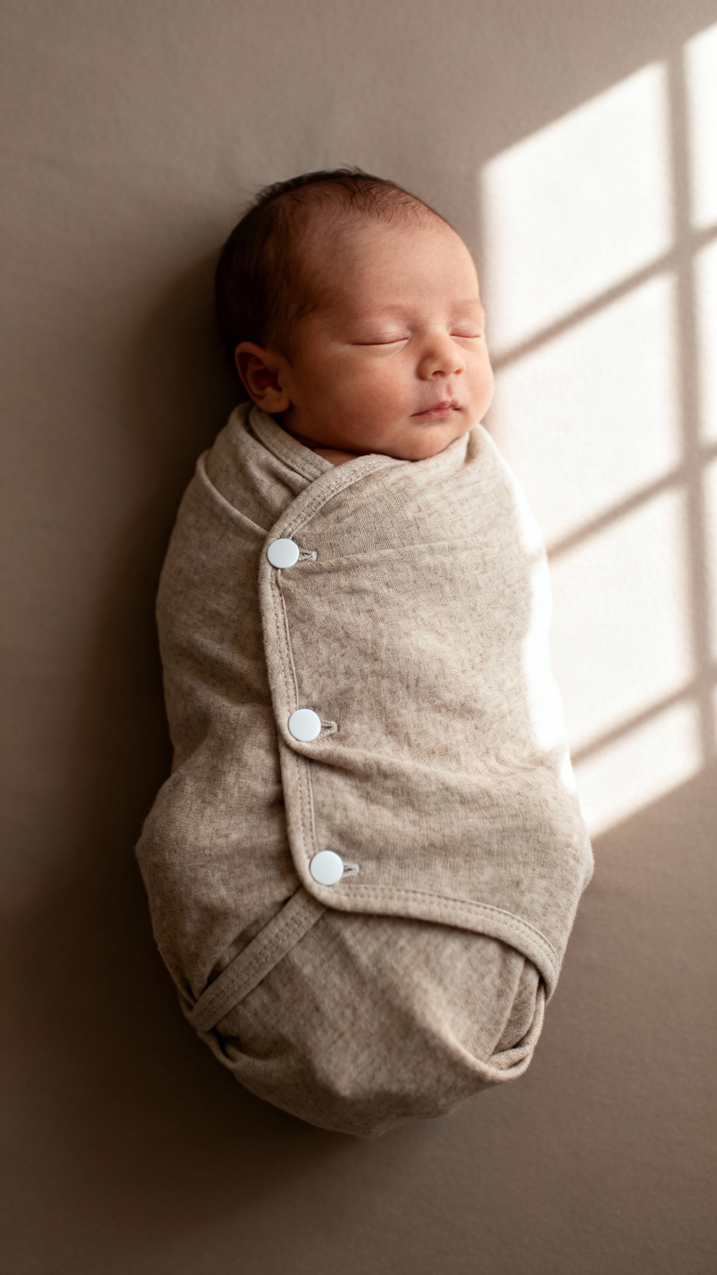 Velcro swaddle on newborn, neutral backdrop, soft window light