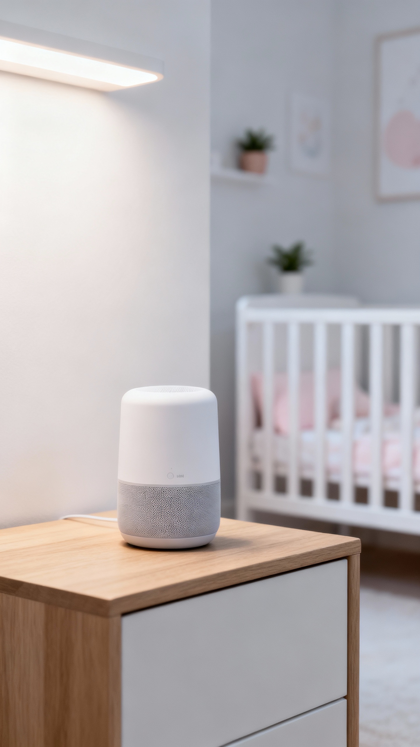 White noise sound machine on nightstand, minimalist nursery setting