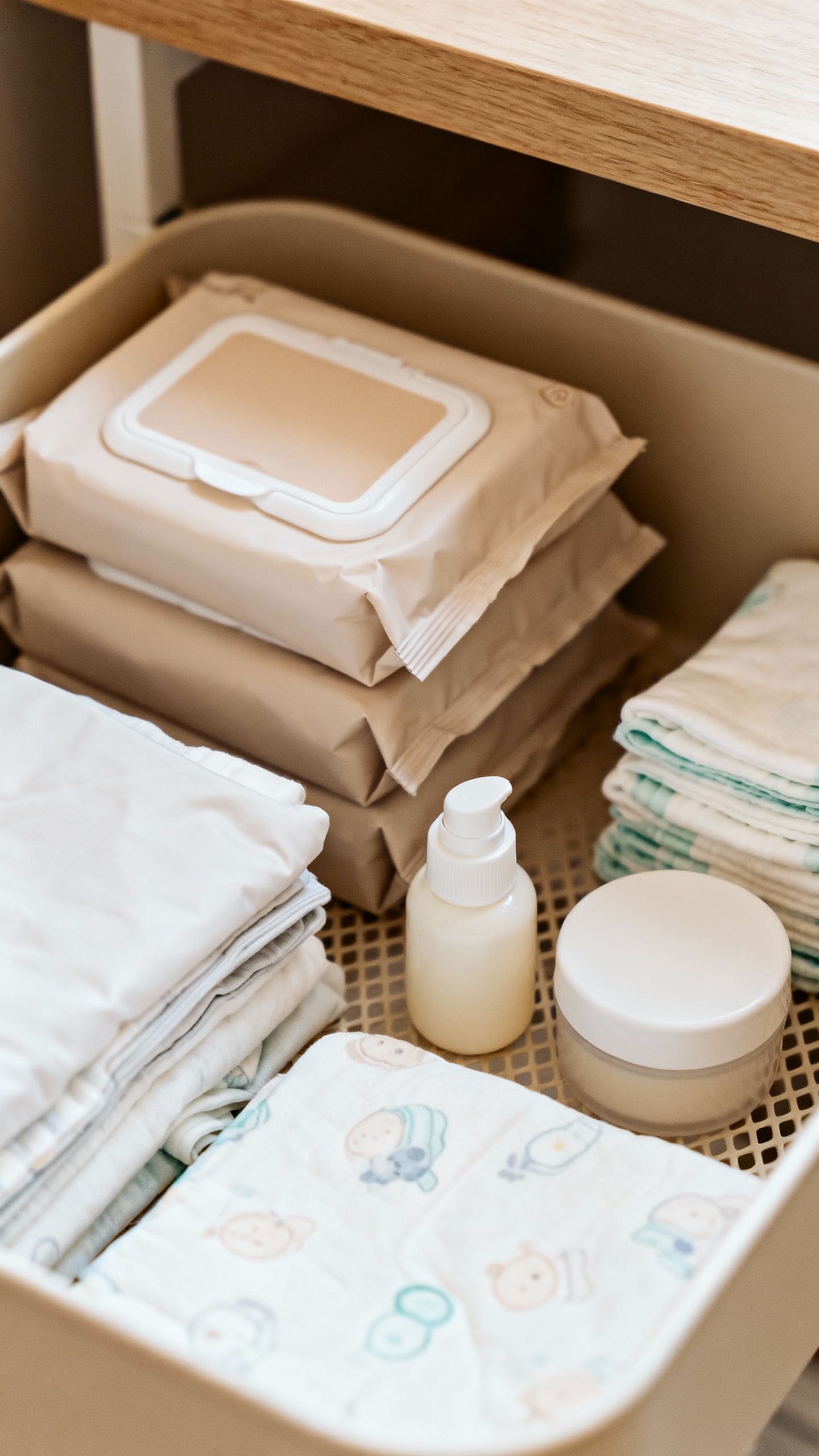 stocked diaper station with wipes, cream, and diapers