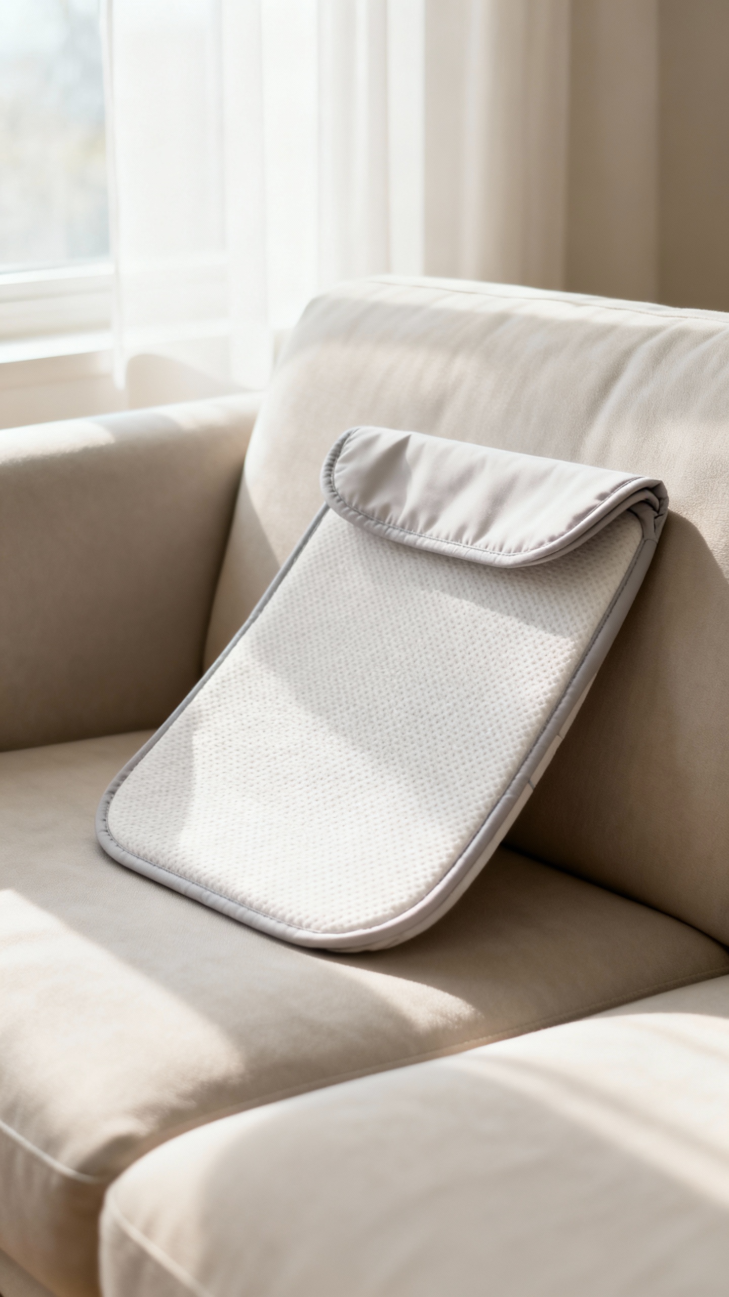 portable changing pad on couch, natural window light