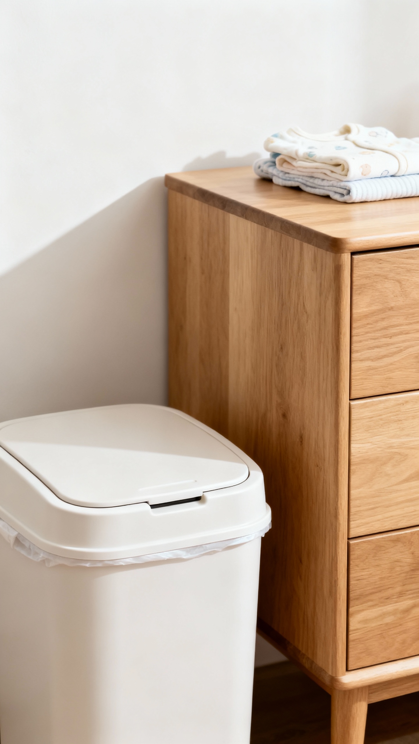 sealed diaper pail beside nursery dresser, clean backdrop