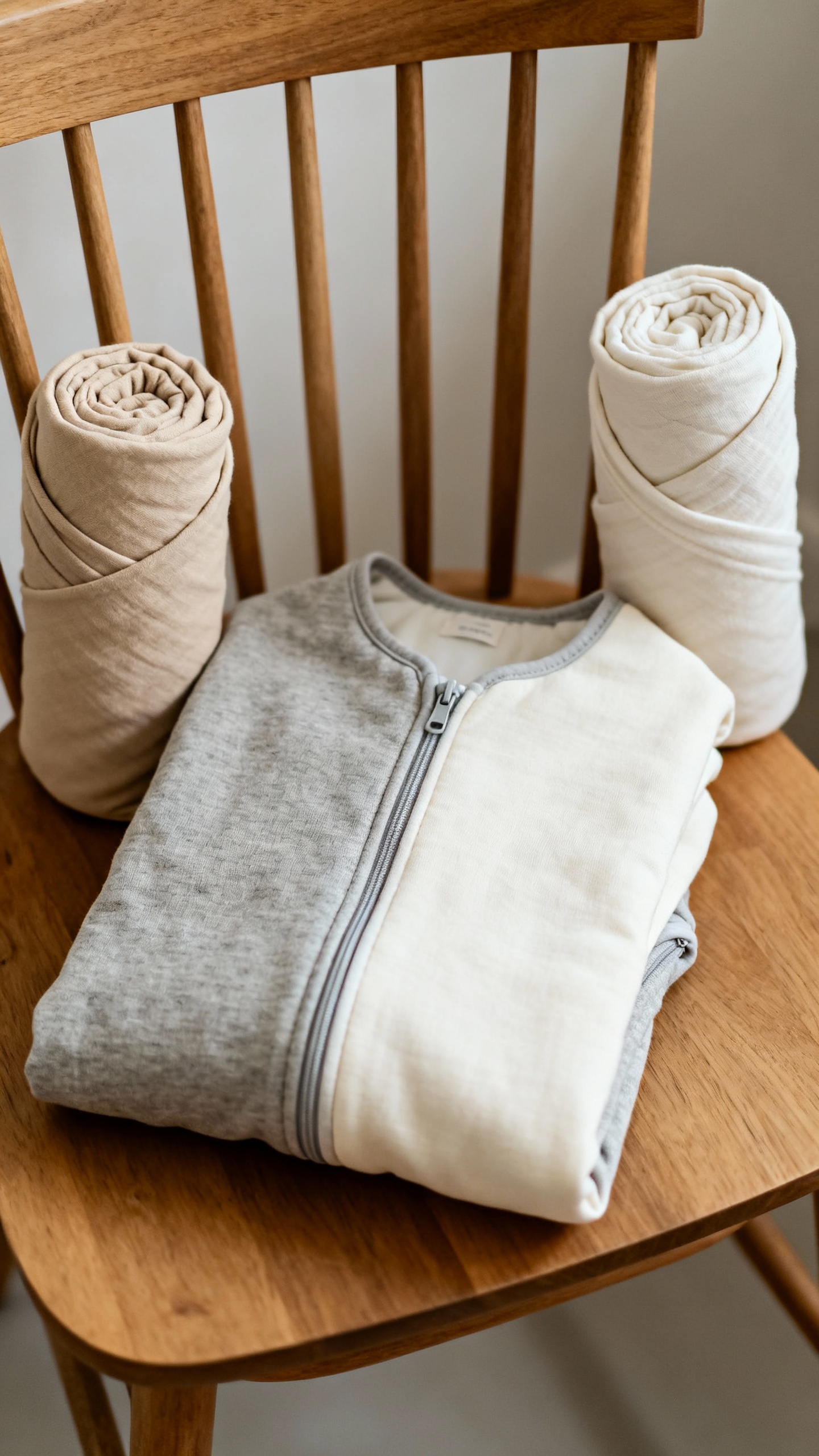 Two neutral swaddles and a sleep sack on chair