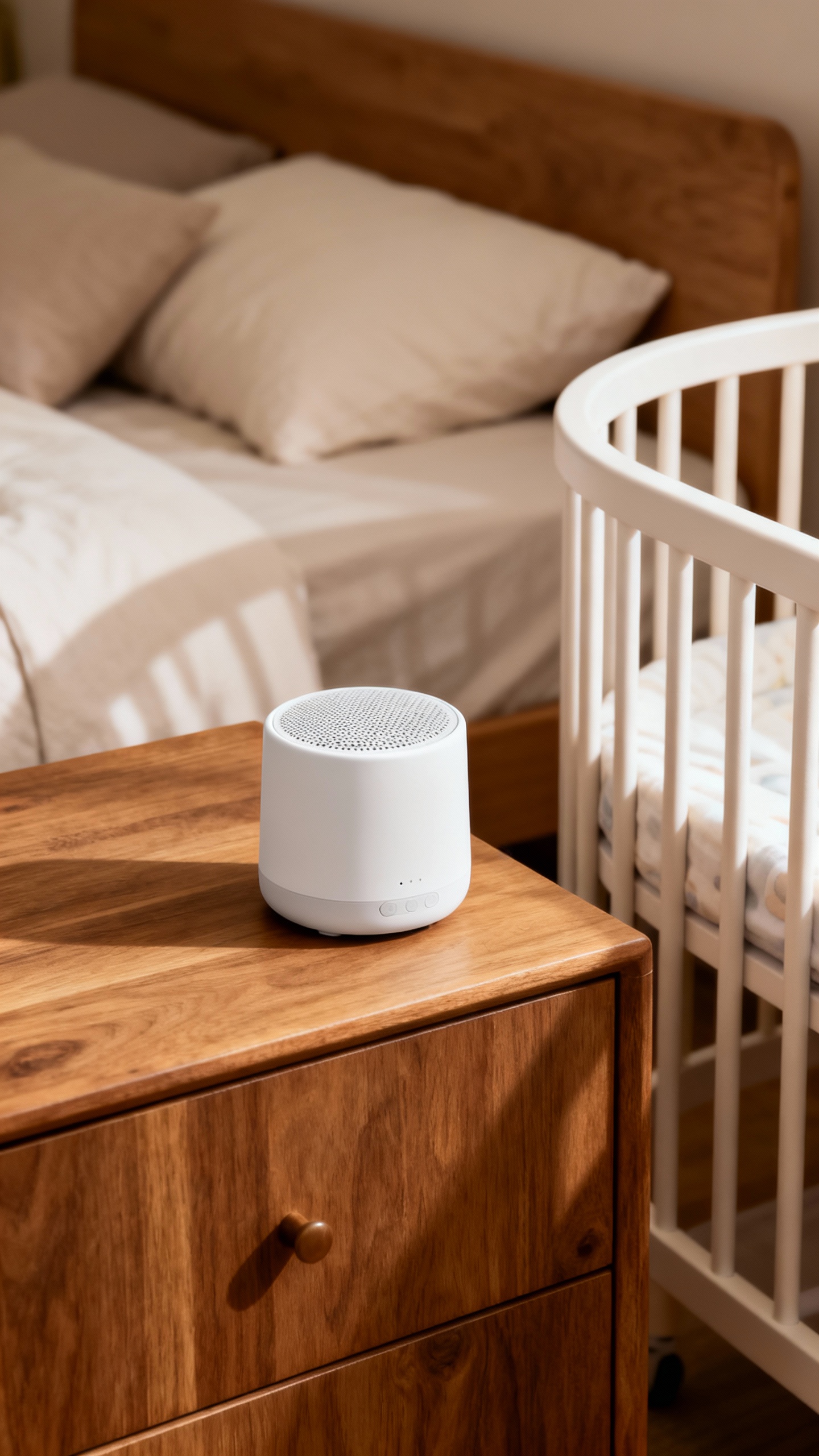 Simple white noise machine on nightstand beside bassinet