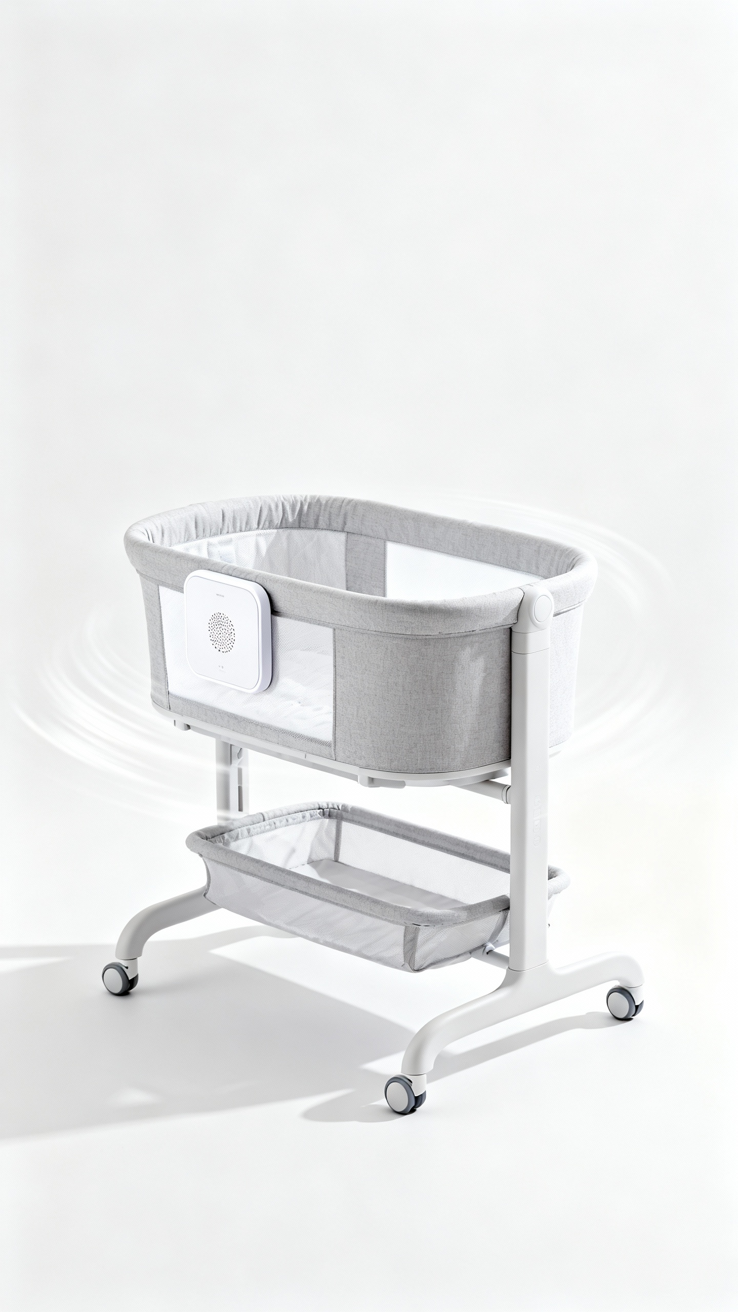 Smart bassinet with responsive motion, white noise panel, studio lighting
