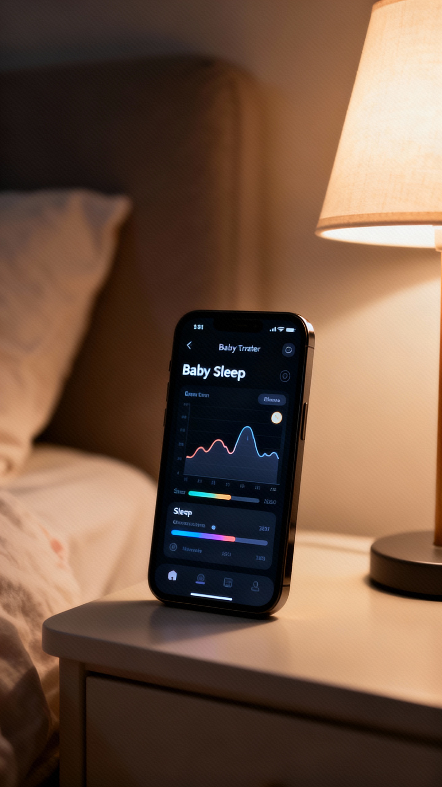 Baby sleep tracker app on smartphone, dark mode, bedside table shot