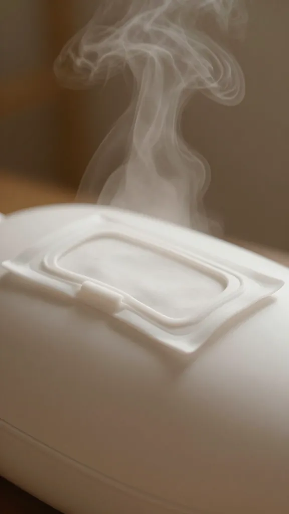 Closeup of a warm wipes warmer’s lid with steam rising subtly