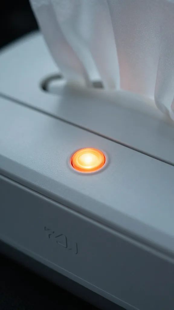 Macro shot of an auto-shutoff indicator light on a wipes warmer