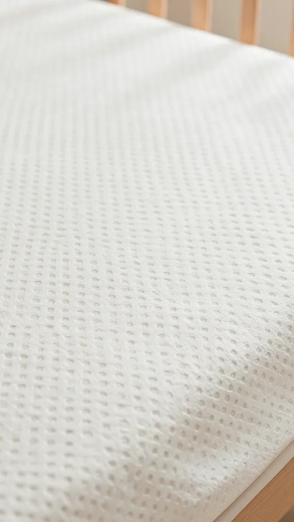 Focused shot of open-weave crib sheet pattern on bedding