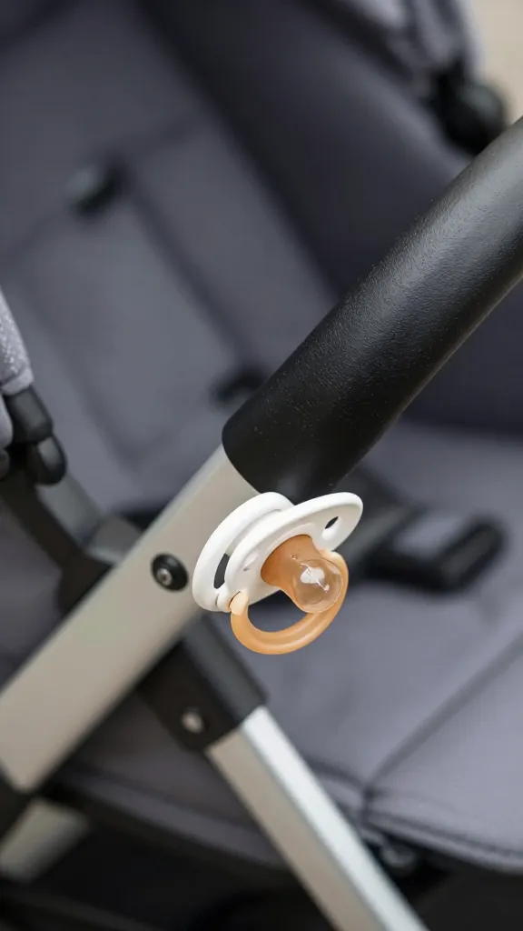 Closeup of a pacifier clip attached to a stroller bar