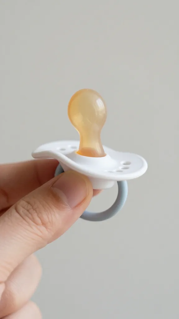 Focused shot of a silicone baby pacifier held by a clip