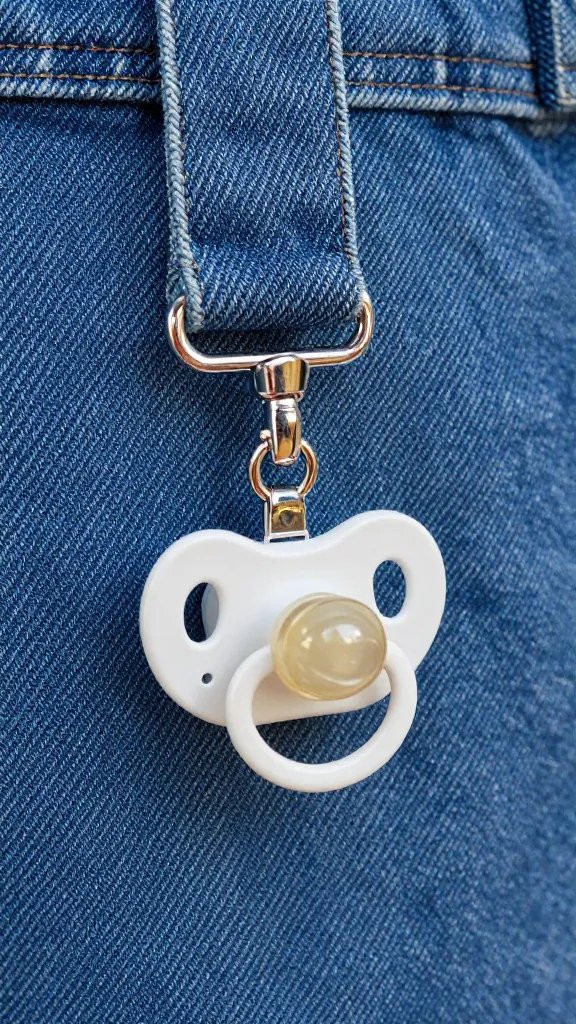 Closeup of a fashion-forward pacifier holder on a denim strap