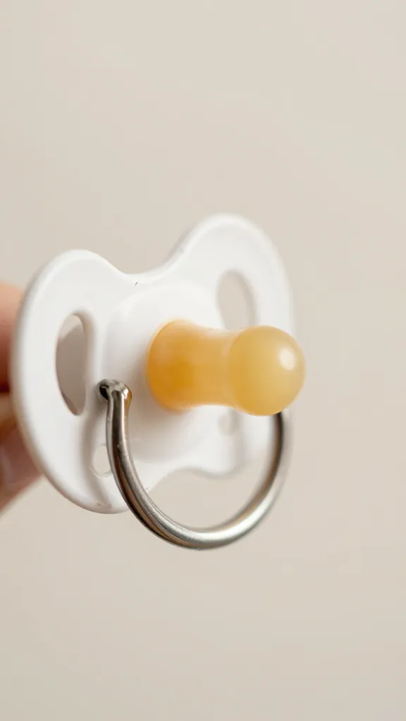 Macro image of a durable clip gripping a pacifier, soft background