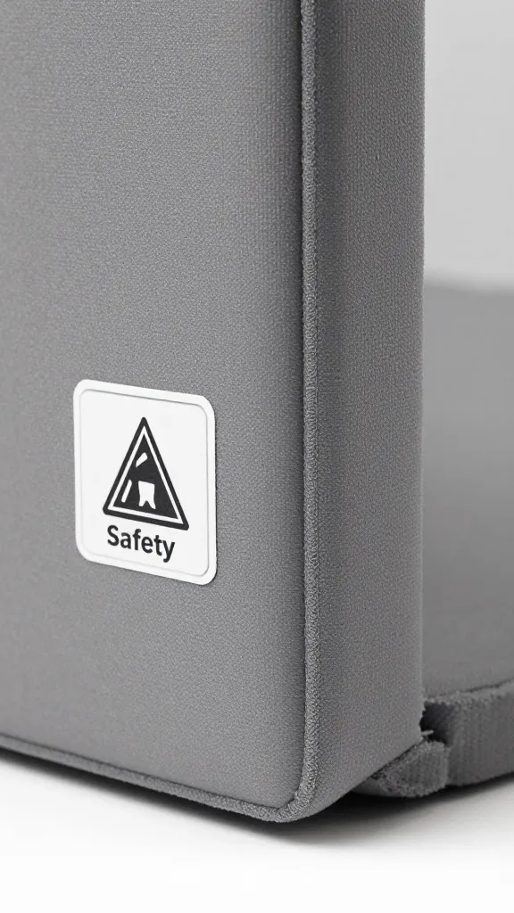 Closeup of a single foam play mat edge seam with safety certification label