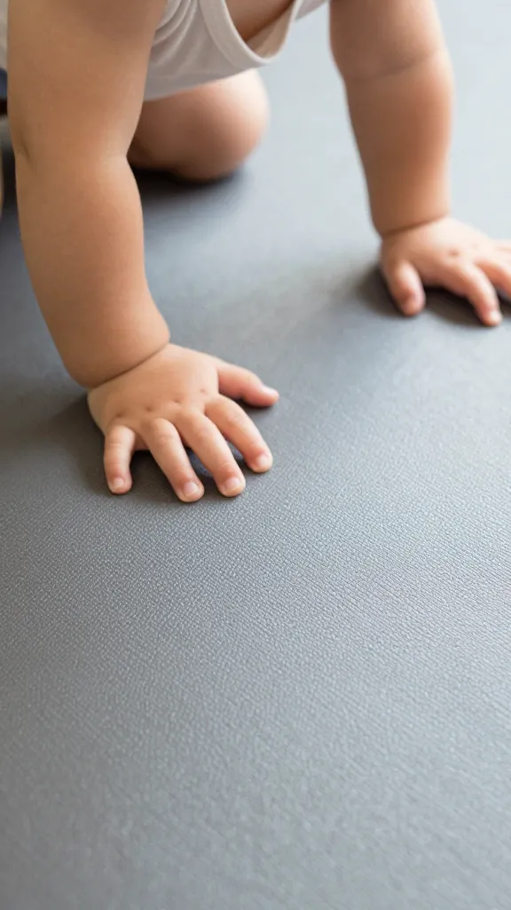 Closeup of a toddler crawling on one thick foam mat, focus on texture