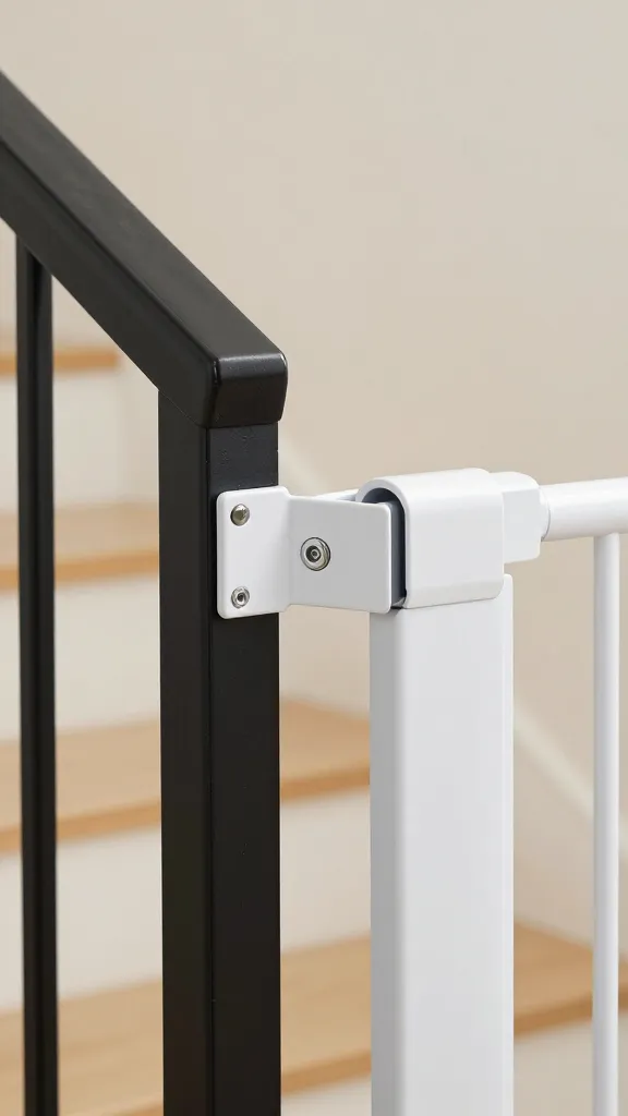 Closeup hardware-mounted baby gate bracket on staircase railing