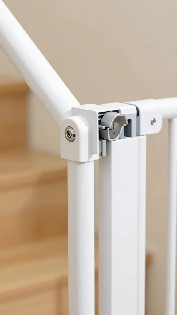 Closeup locking mechanism of baby gate on stair post