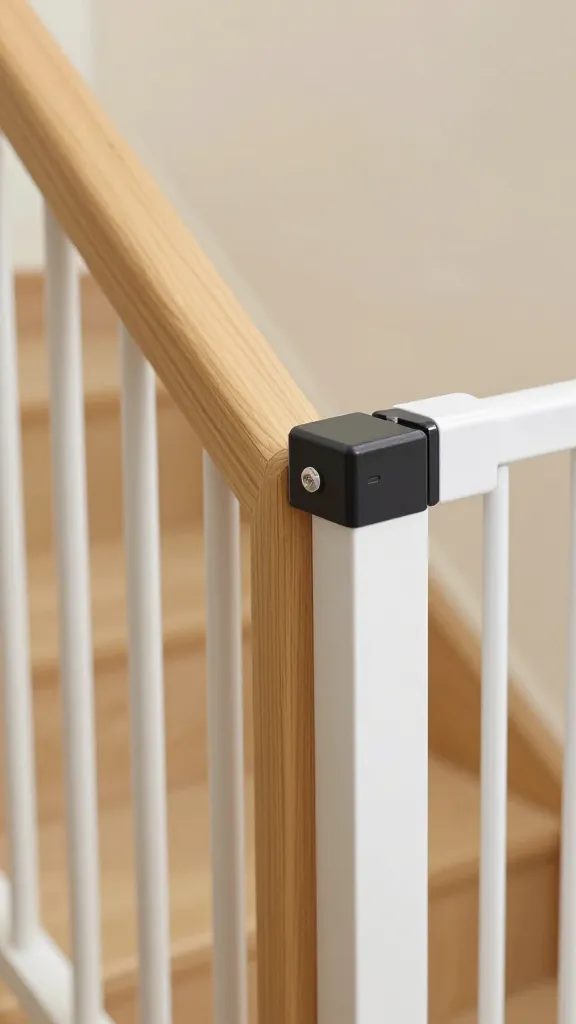 Closeup pressure-mounted baby gate edge at stair landing