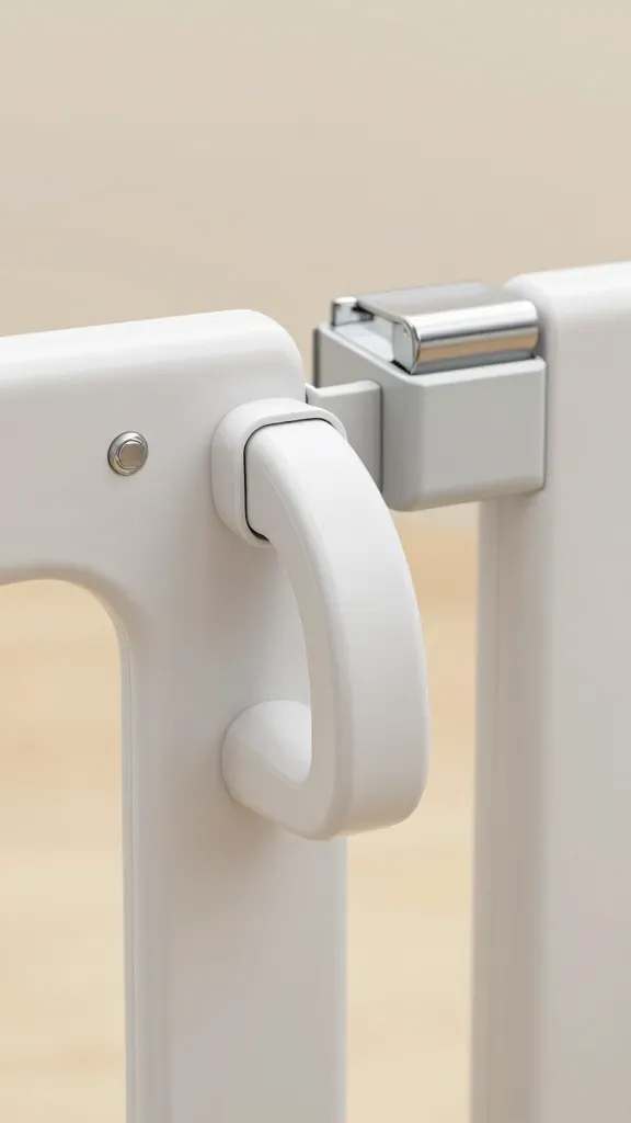 Closeup safety latch handle on child gate, smooth operation study