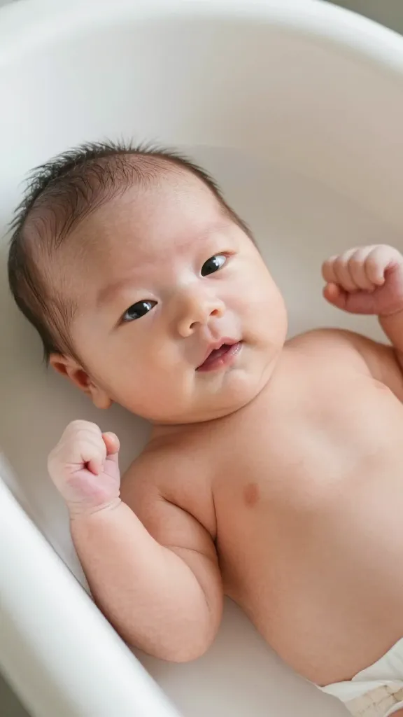 Closeup of a newborn lying in a curved infant tub
