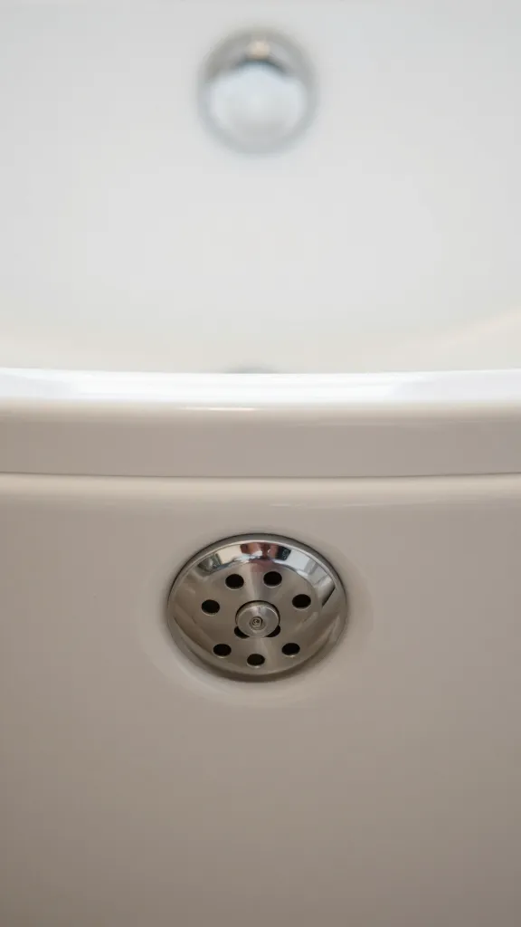 Closeup of a wide, easy-drain faucet integrated tub rim
