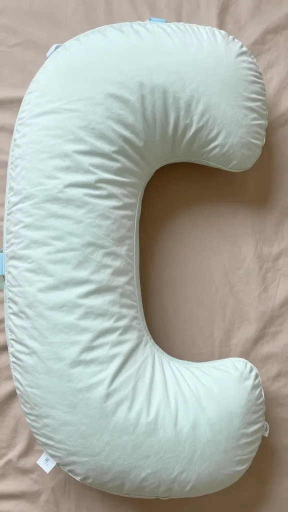 Closeup of a C-shaped nursing pillow wrapped around a mother’s torso
