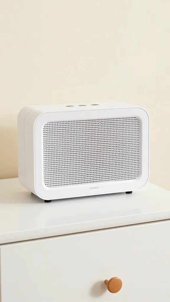 closeup of a white noise machine resting atop a crib dresser