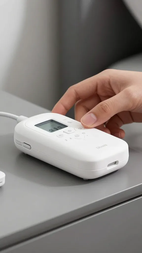 closeup of a hand adjusting a compact white noise device on a nightstand